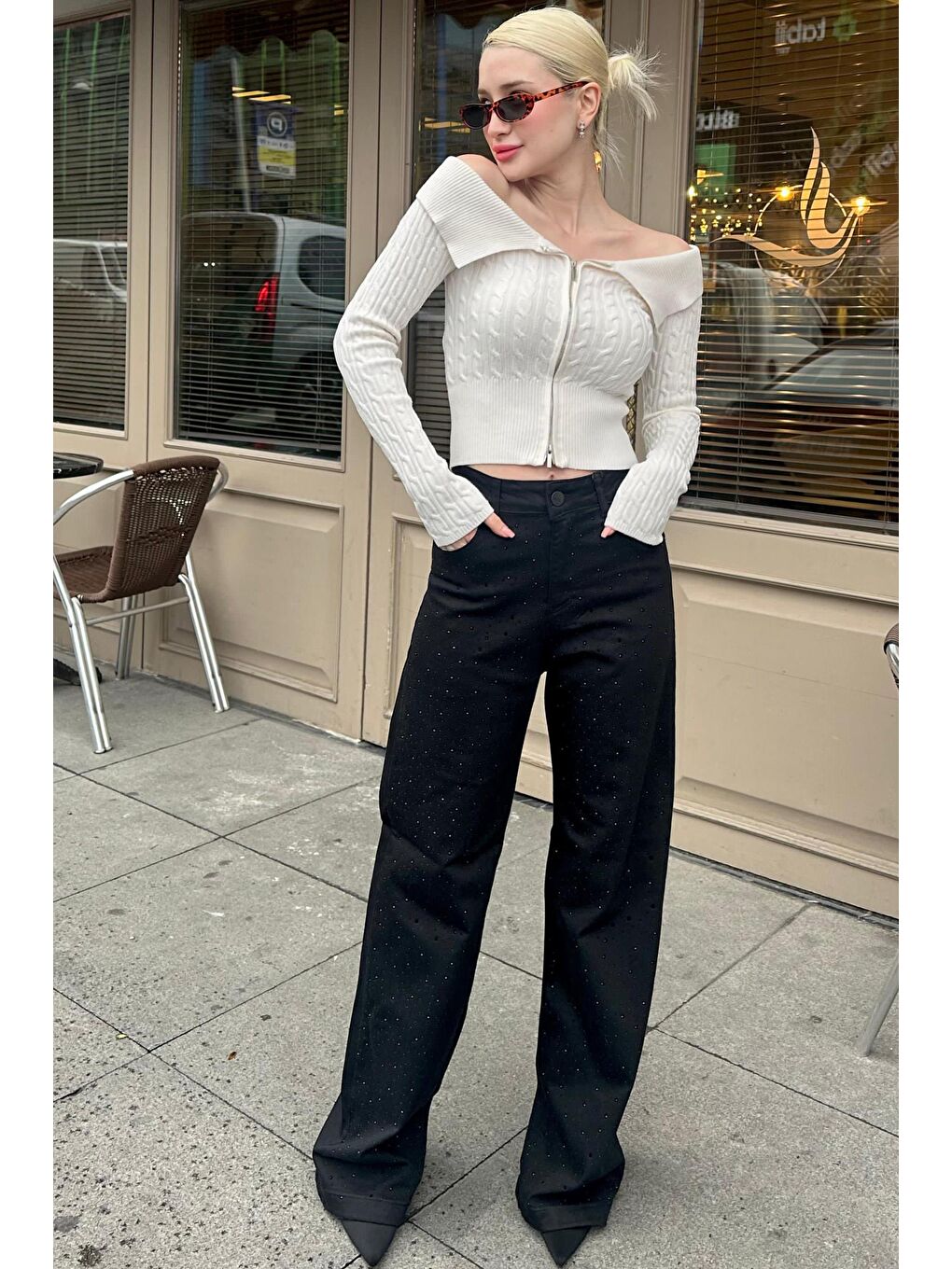 Siyah Serpme Taş Kadın Bol Paça Jean Pantolon Mg2273-3