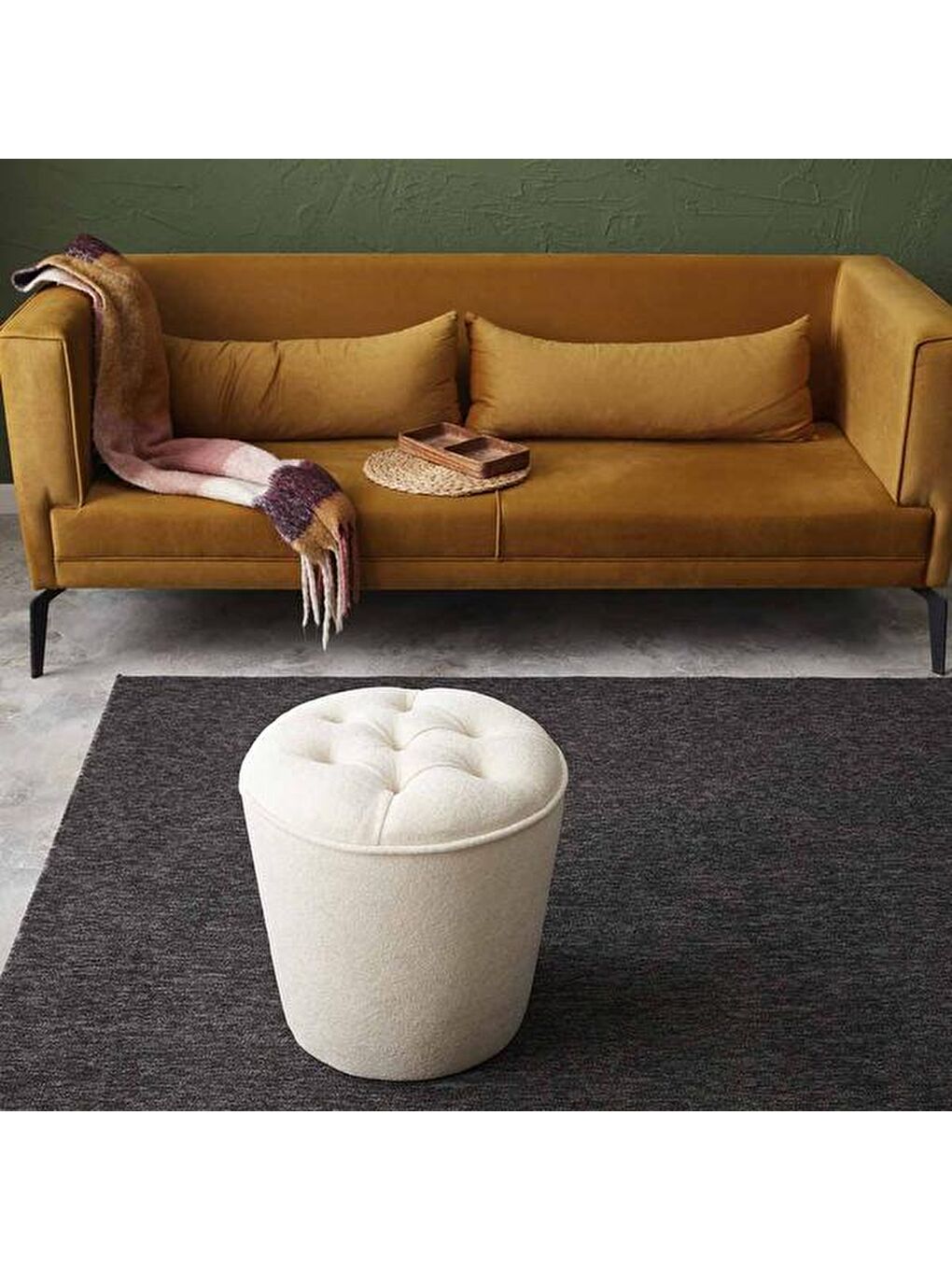 Ekru Konik Silindir Puf - Krem-1