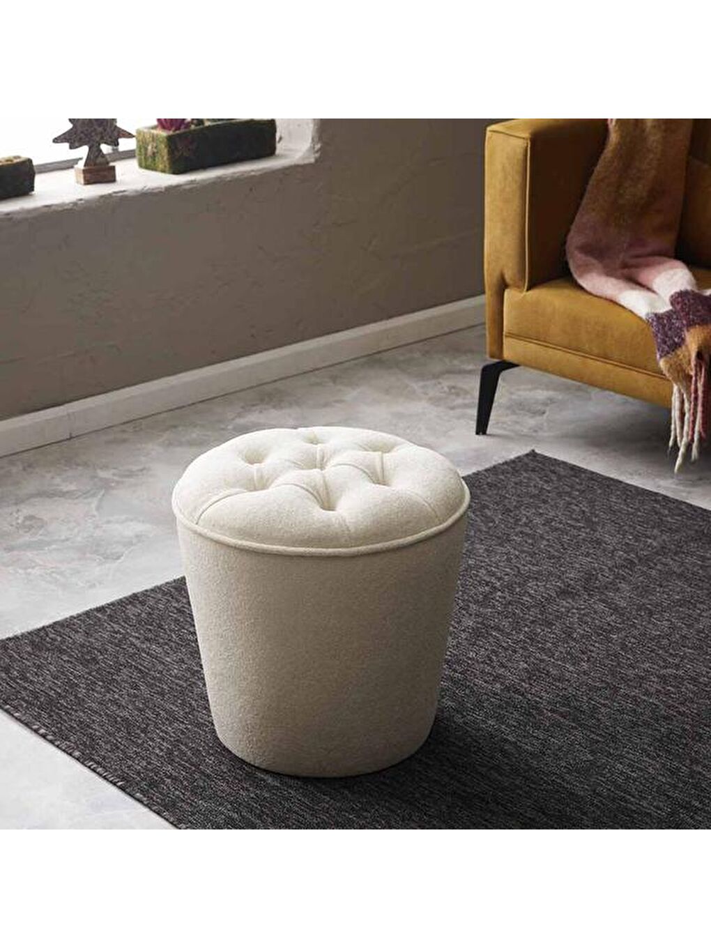 Ekru Konik Silindir Puf - Krem-5