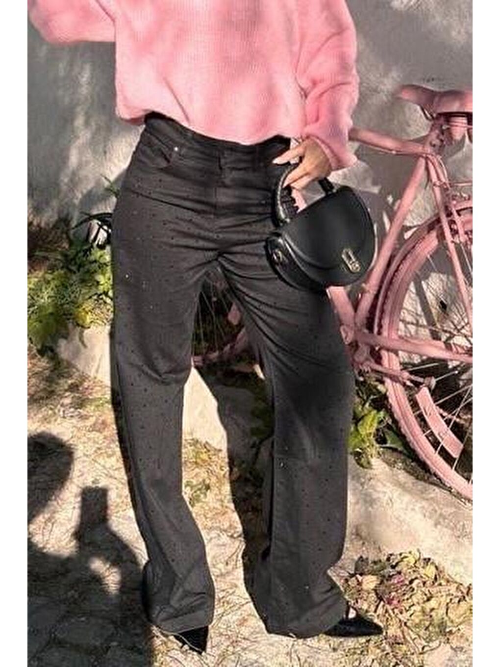 Siyah Serpme Taş Kadın Bol Paça Jean Pantolon Mg2273-4