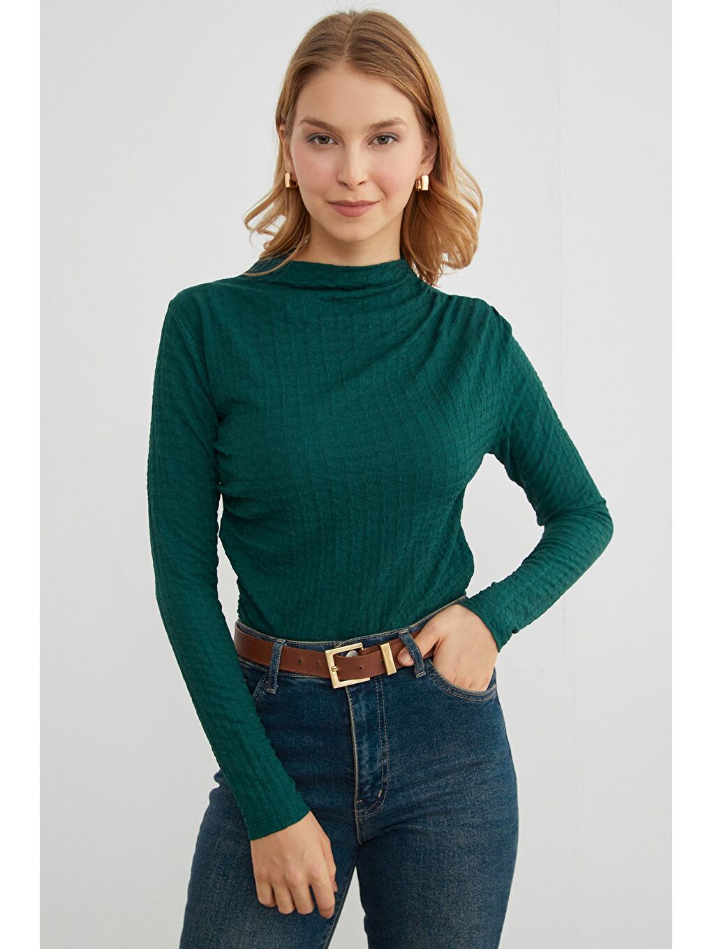 Yeşil Gofre Kumaş Dik Yaka Drapeli Bluz