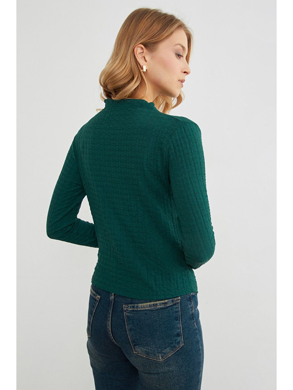 Yeşil Gofre Kumaş Dik Yaka Drapeli Bluz-3