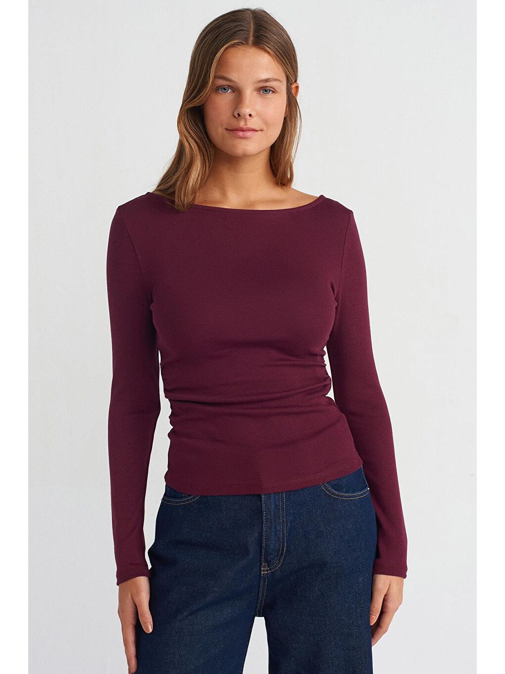 Madmext Bordo Kayık Yaka Uzun Kollu Kadın Top Body Mg2267