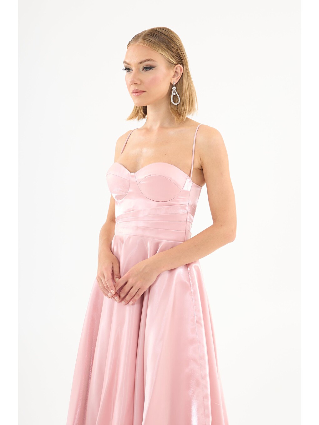 Pembe Pudra Asklı Organze Saten Söz Elbisesi-2