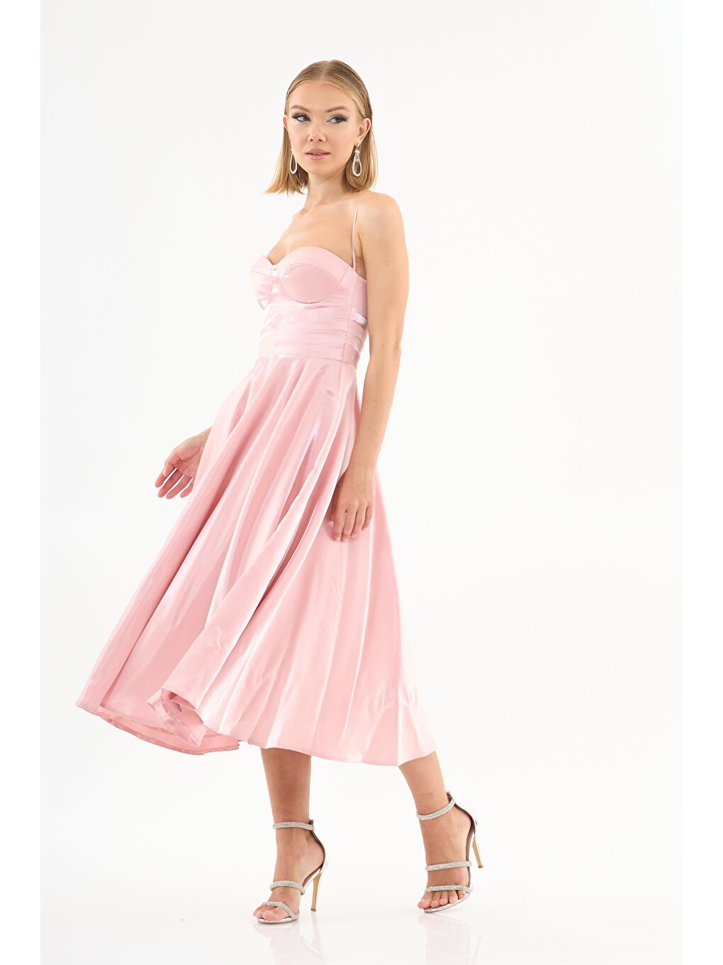 Pembe Pudra Asklı Organze Saten Söz Elbisesi-3