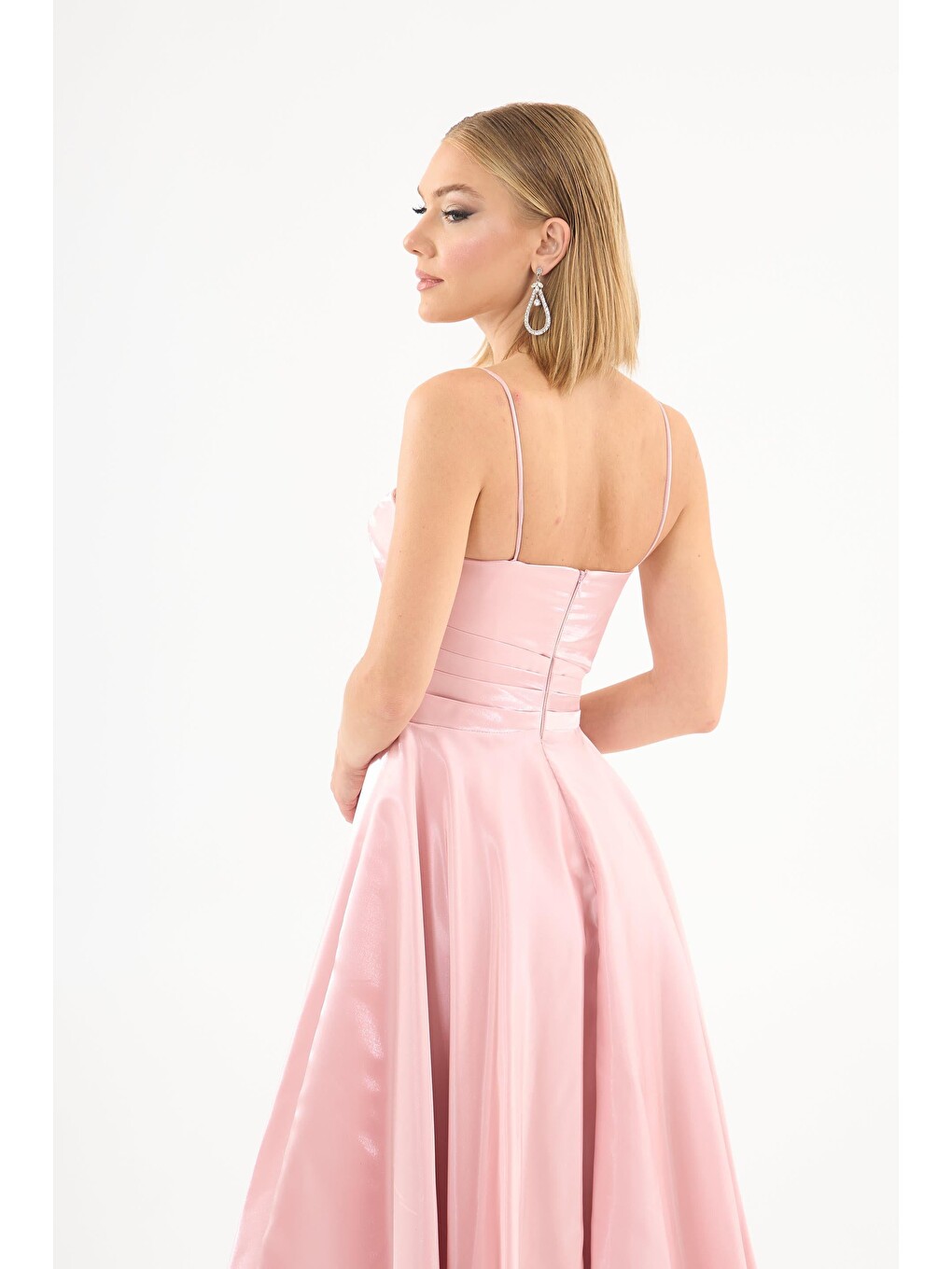 Pembe Pudra Asklı Organze Saten Söz Elbisesi-4