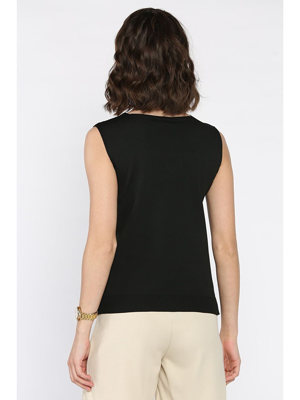 Siyah Kadın V Yaka Sıfır Kol Triko Bluz-2