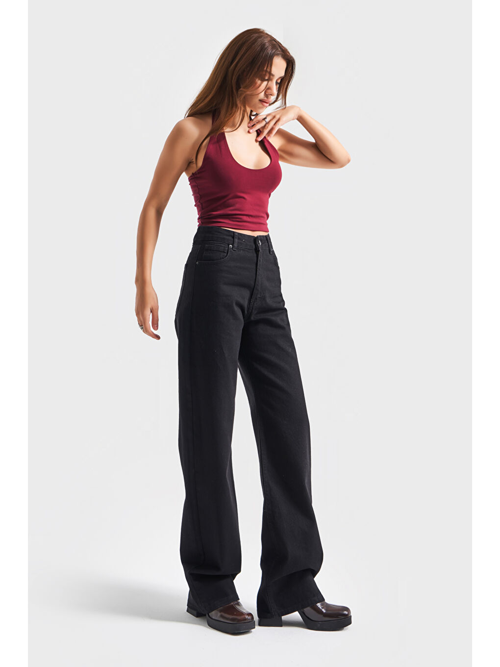 Kadın Siyah Renk Doris 1S5-1 Straight Fit Yüksek Bel %100 Pamuk Denim Jean-1