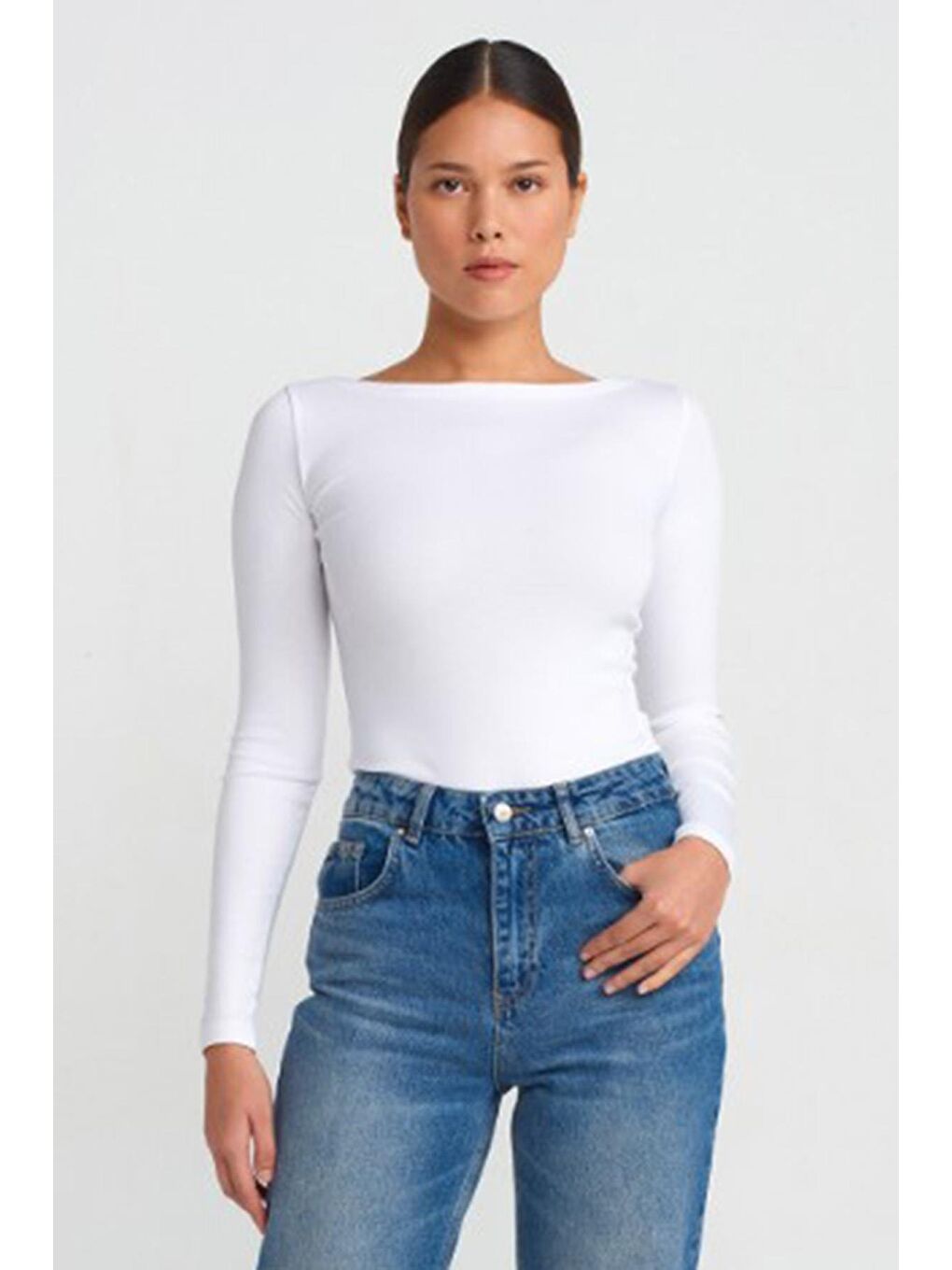 Ekru Kayık Yaka Uzun Kollu Kadın Top Body Mg2267