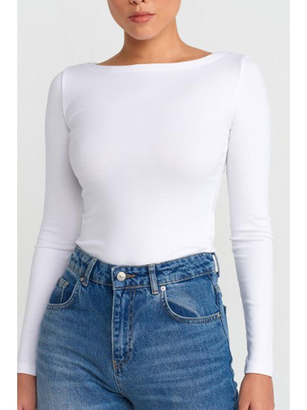 Ekru Kayık Yaka Uzun Kollu Kadın Top Body Mg2267-2