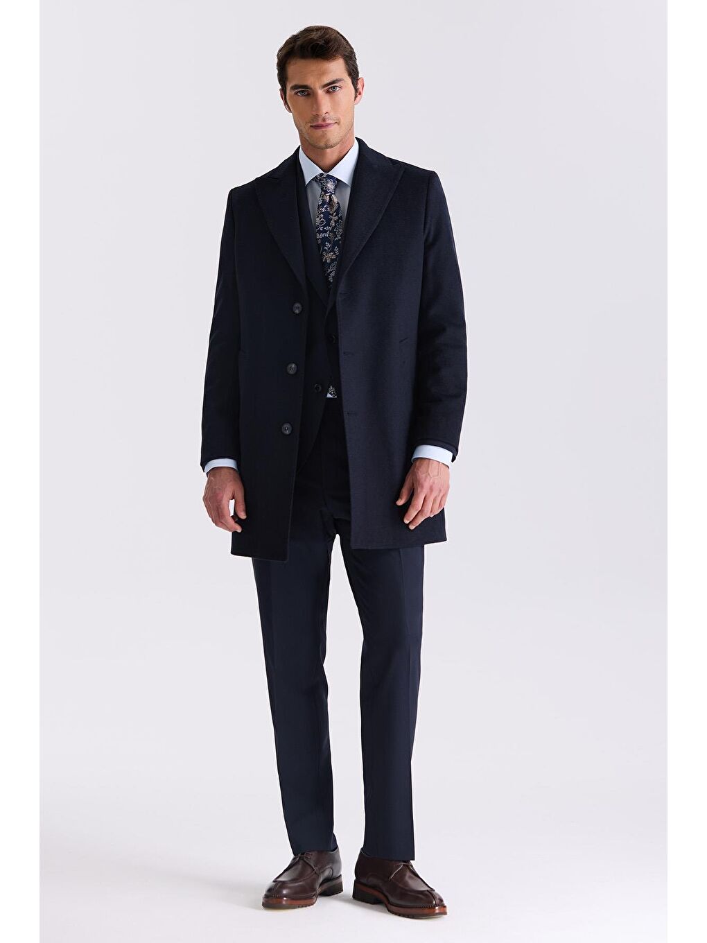 Koyu Lacivert Comfort Fit Sivri Yaka Balık Sırtı Desenli Yünlü Kaşe Kaban-1