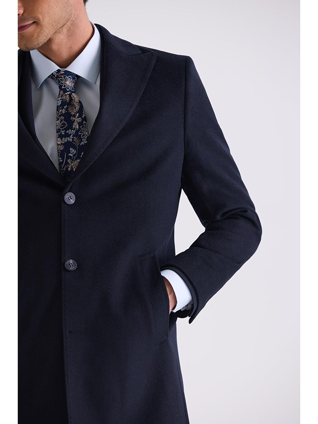 Koyu Lacivert Comfort Fit Sivri Yaka Balık Sırtı Desenli Yünlü Kaşe Kaban-2