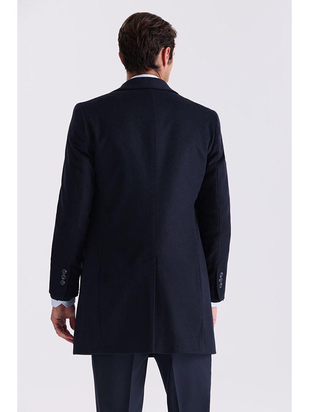 Koyu Lacivert Comfort Fit Sivri Yaka Balık Sırtı Desenli Yünlü Kaşe Kaban-3