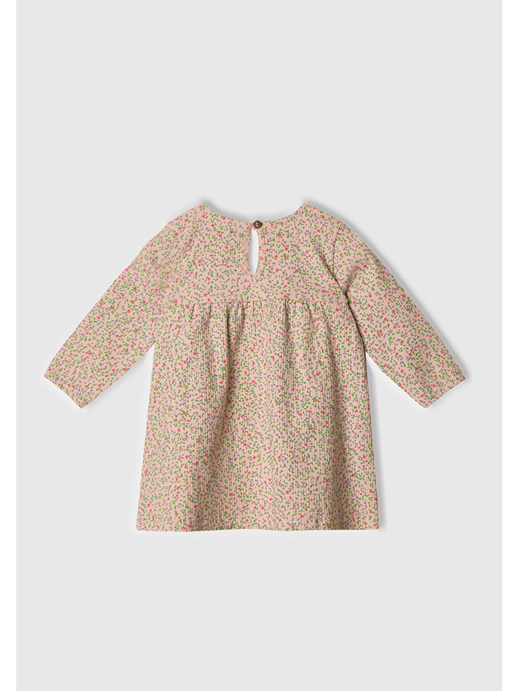 Bebek Toz Pembe Tamamı Desenli Önü Fırfır Detaylı Pileli Uzun Kollu Elbise-2