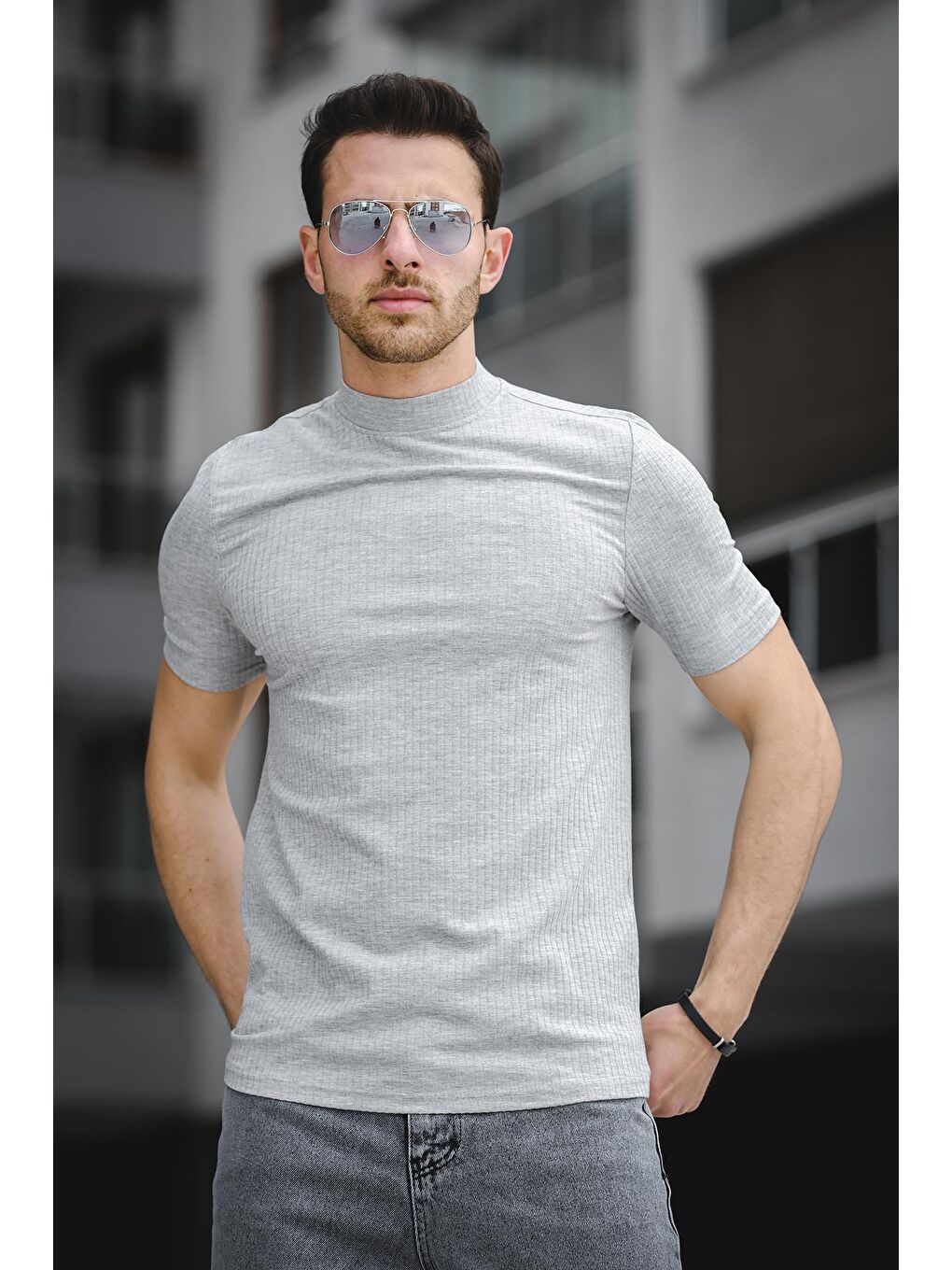 Gri Ernest Slim Fit Likralı Body Yarım Balıkçı Boğazlı Erkek Tshirt