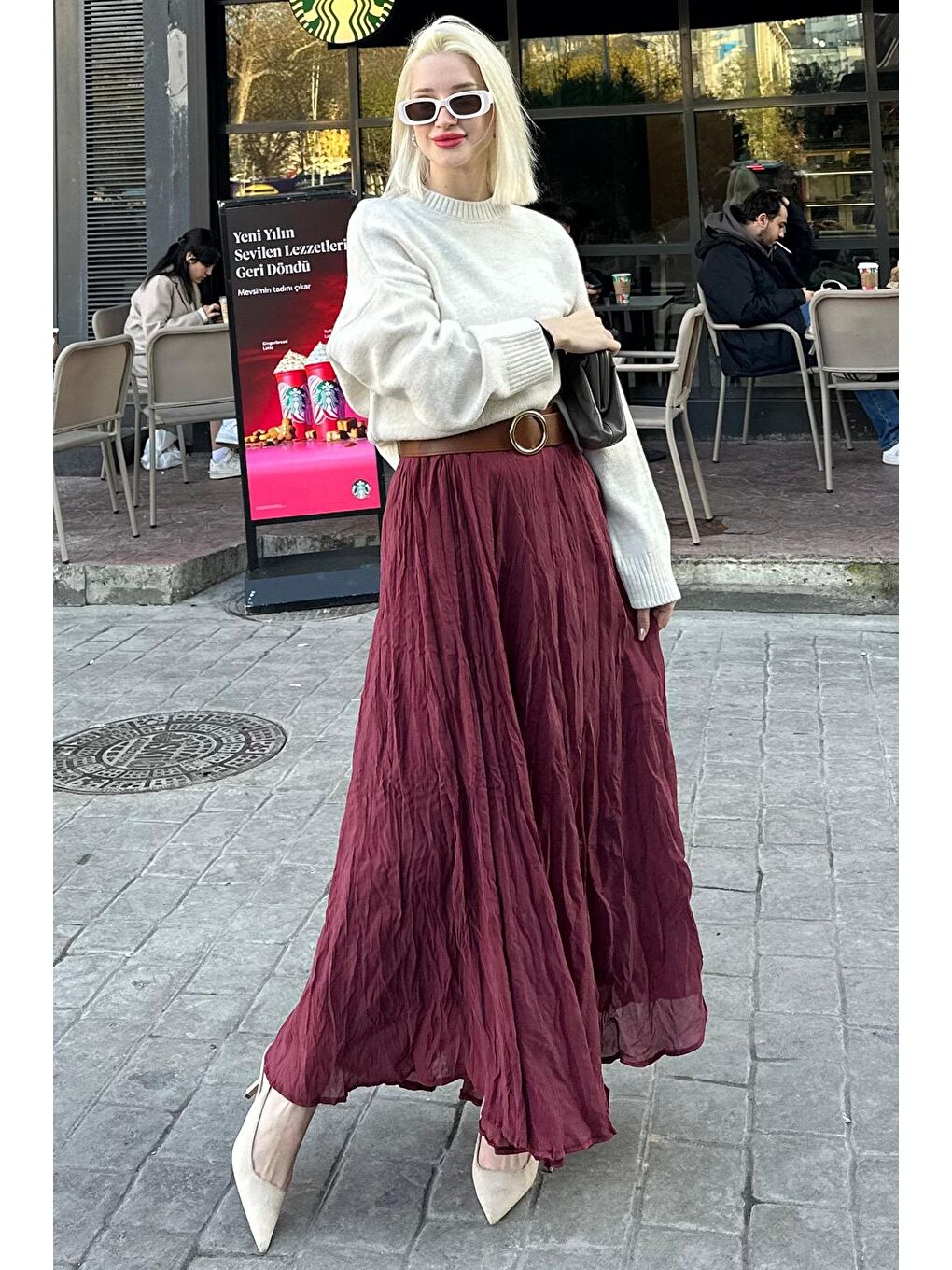 Bordo Kırışık Desen Midi Boy Kadın Etek Mg2266