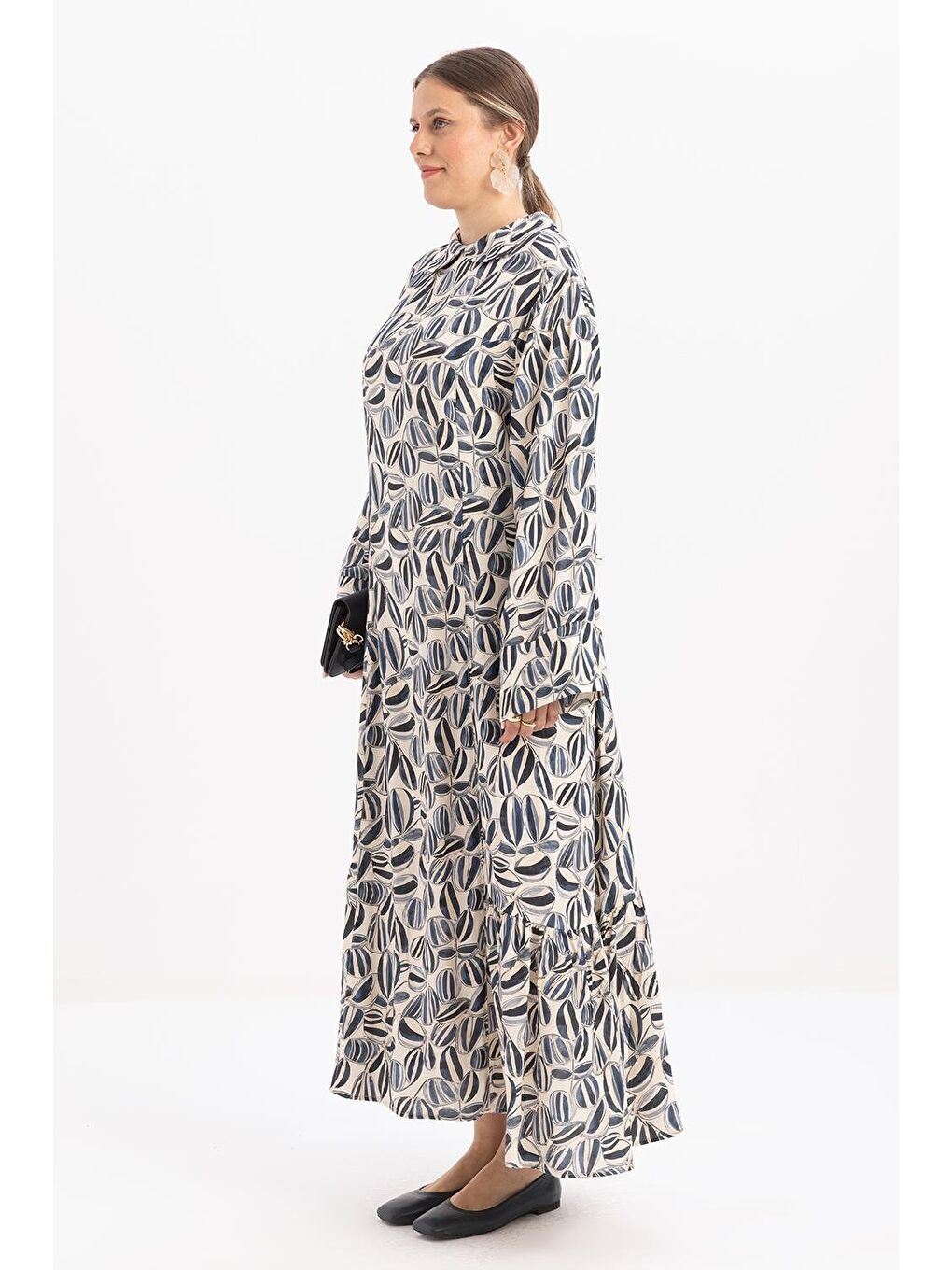 Kahverengi Taş-Mavi-Robalı Kuşaklı Emprime Büyük Beden Elbise-1