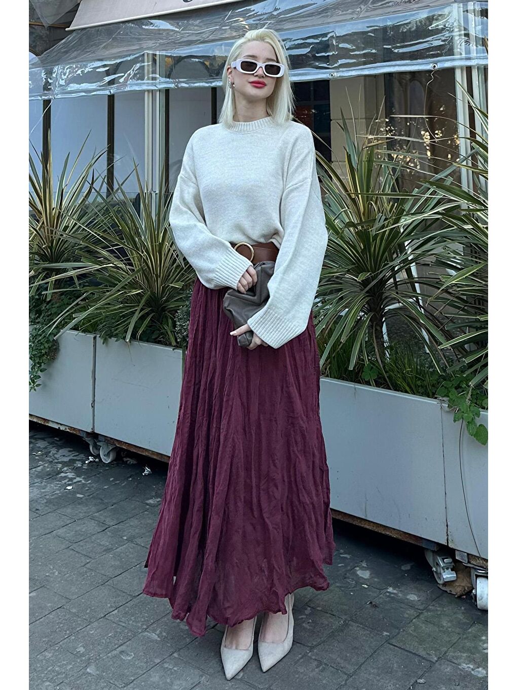 Bordo Kırışık Desen Midi Boy Kadın Etek Mg2266-1