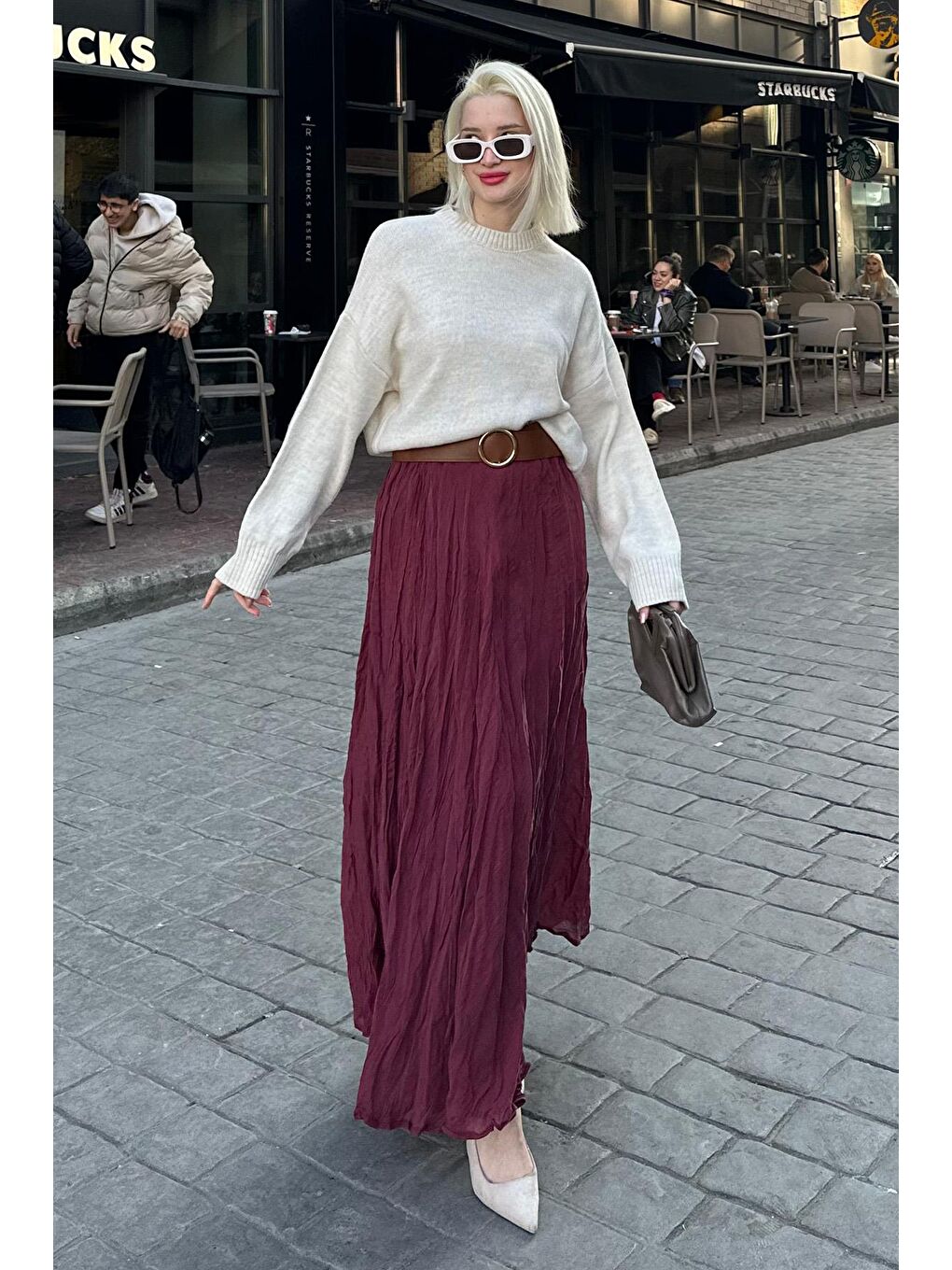 Bordo Kırışık Desen Midi Boy Kadın Etek Mg2266-2