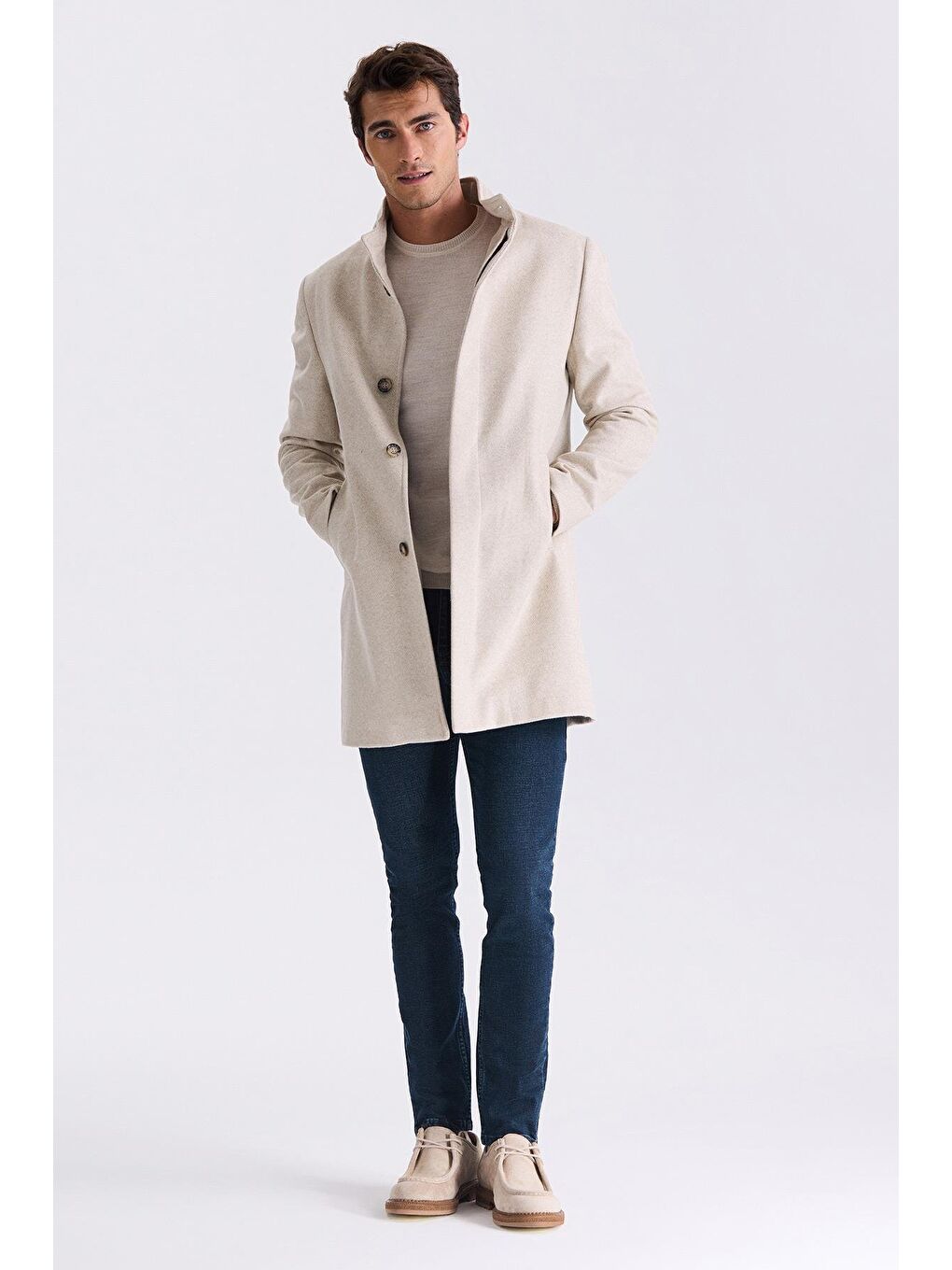 Bej Slim Fit Dik Yaka Balık Sırtı Desenli Yünlü Spor Kaban-1