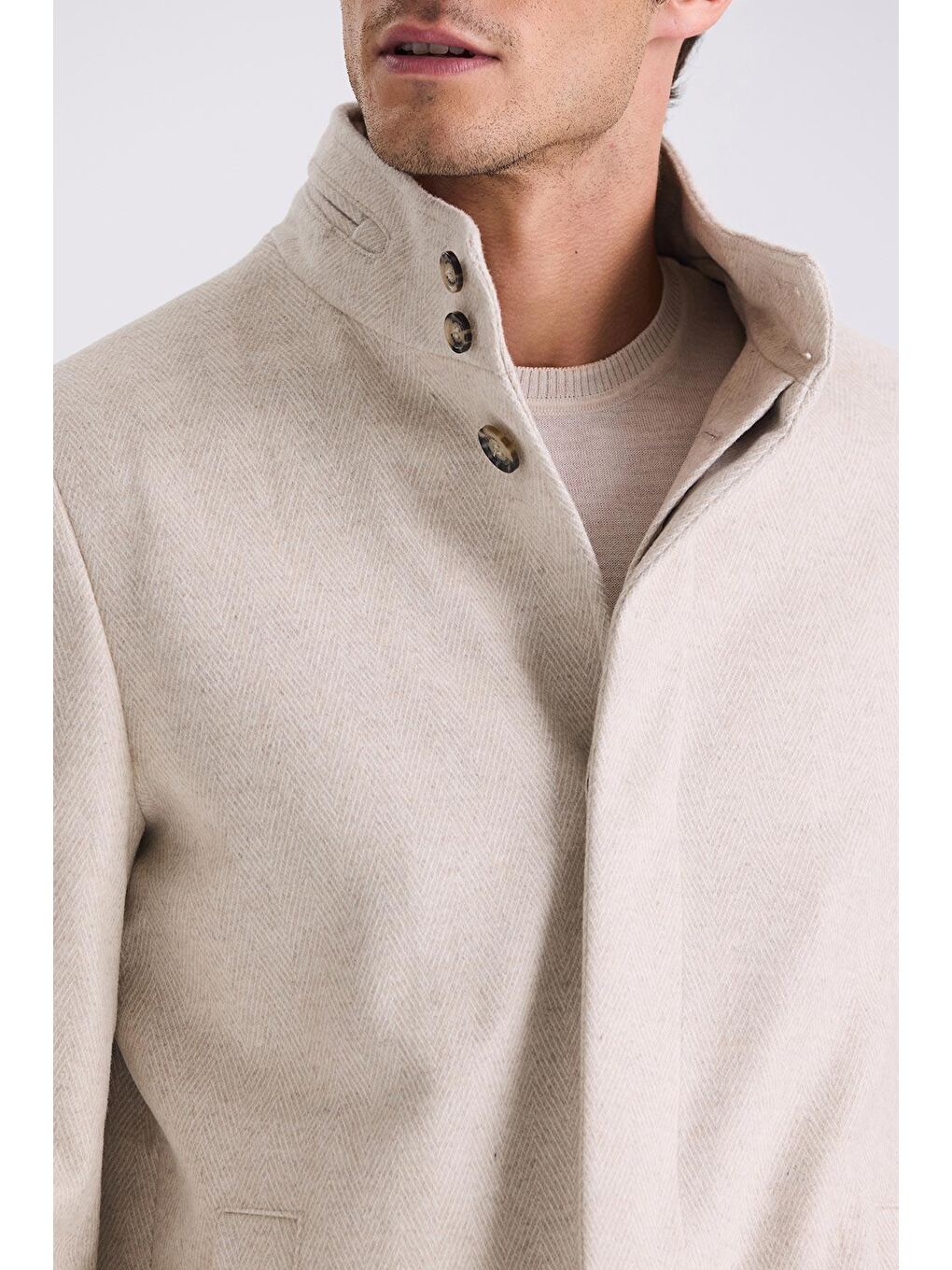 Bej Slim Fit Dik Yaka Balık Sırtı Desenli Yünlü Spor Kaban-2