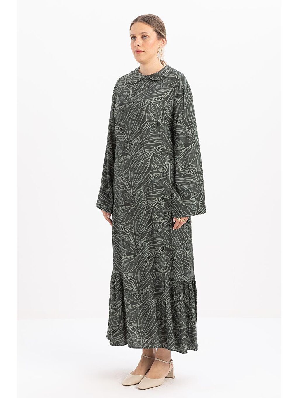 Yeşil-Robalı Kuşaklı Emprime Büyük Beden Elbise-1