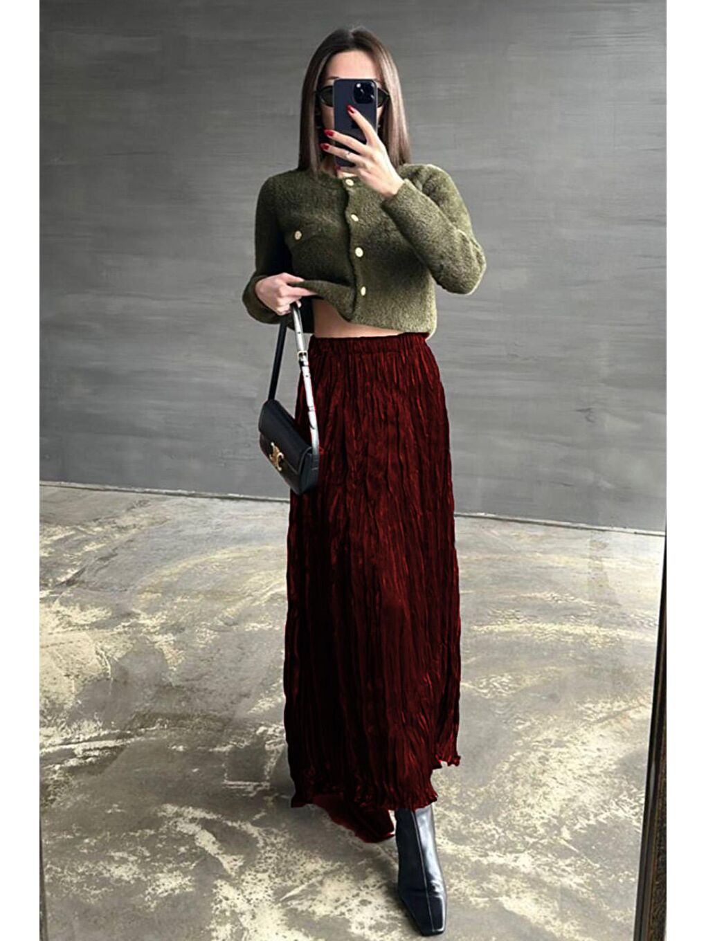 Bordo Kırışık Desen Midi Boy Kadın Etek Mg2266-3