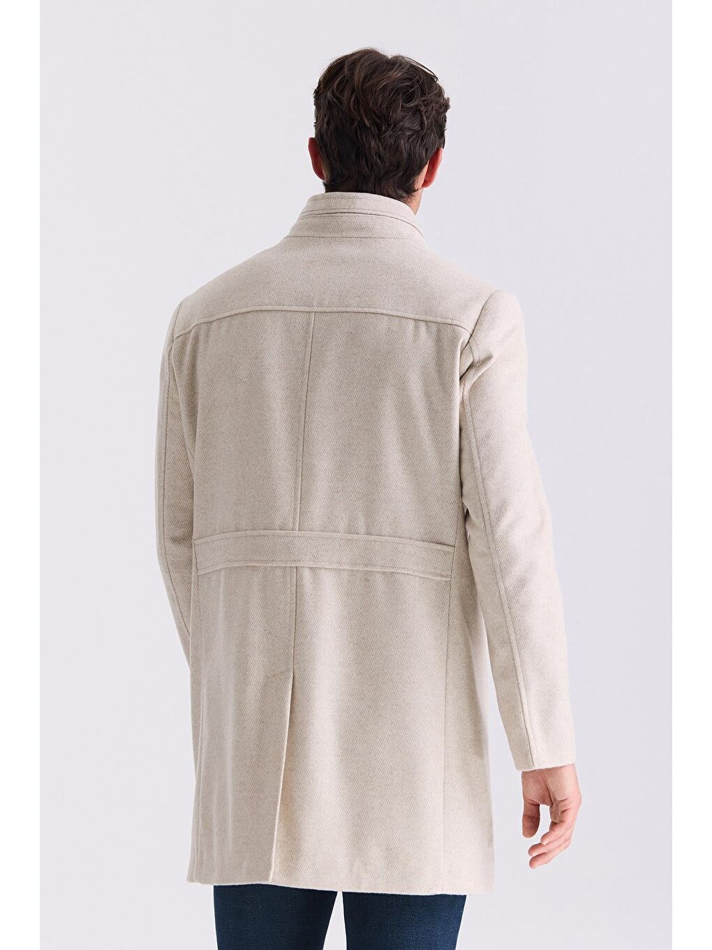 Bej Slim Fit Dik Yaka Balık Sırtı Desenli Yünlü Spor Kaban-3