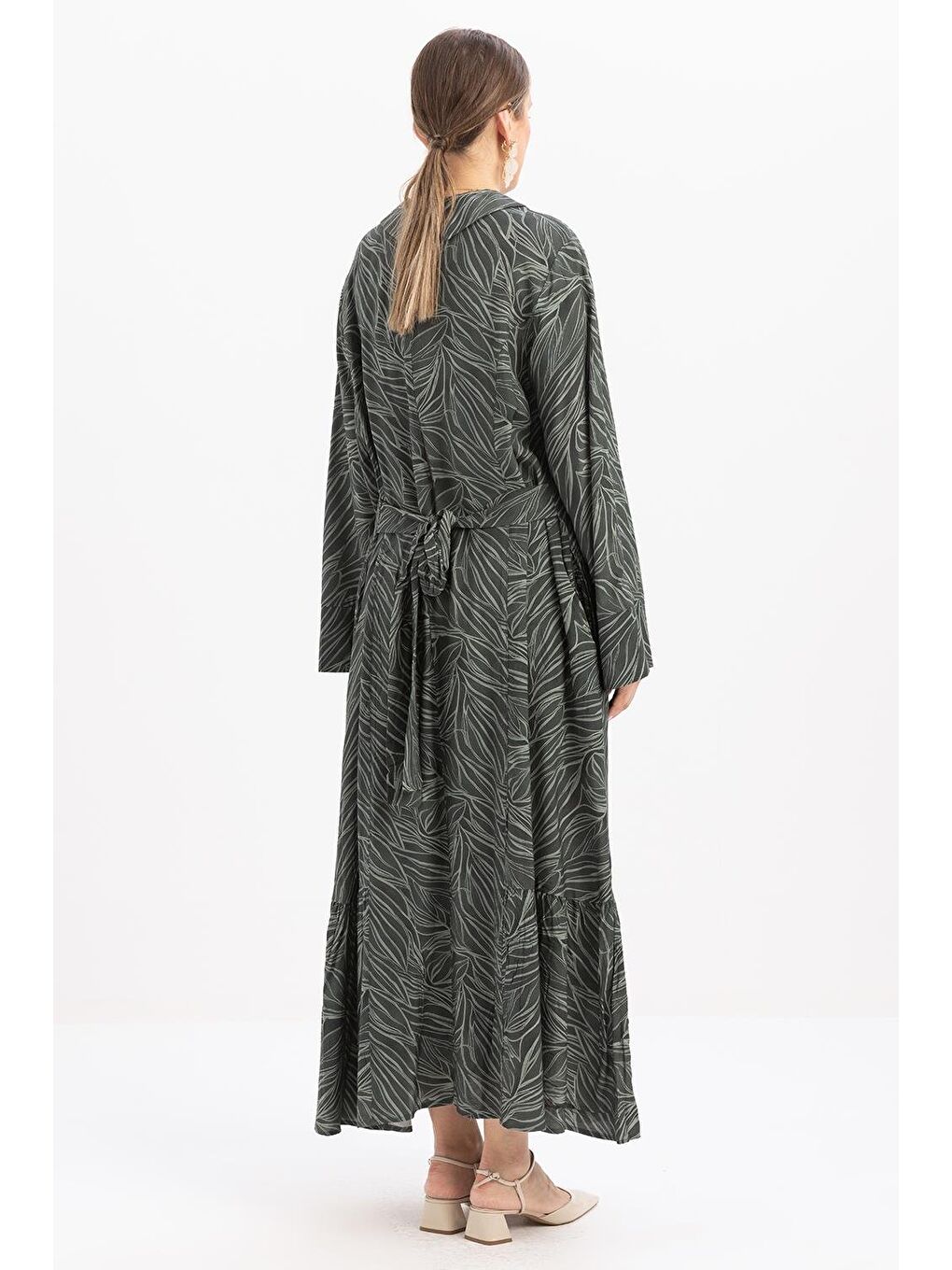 Yeşil-Robalı Kuşaklı Emprime Büyük Beden Elbise-2