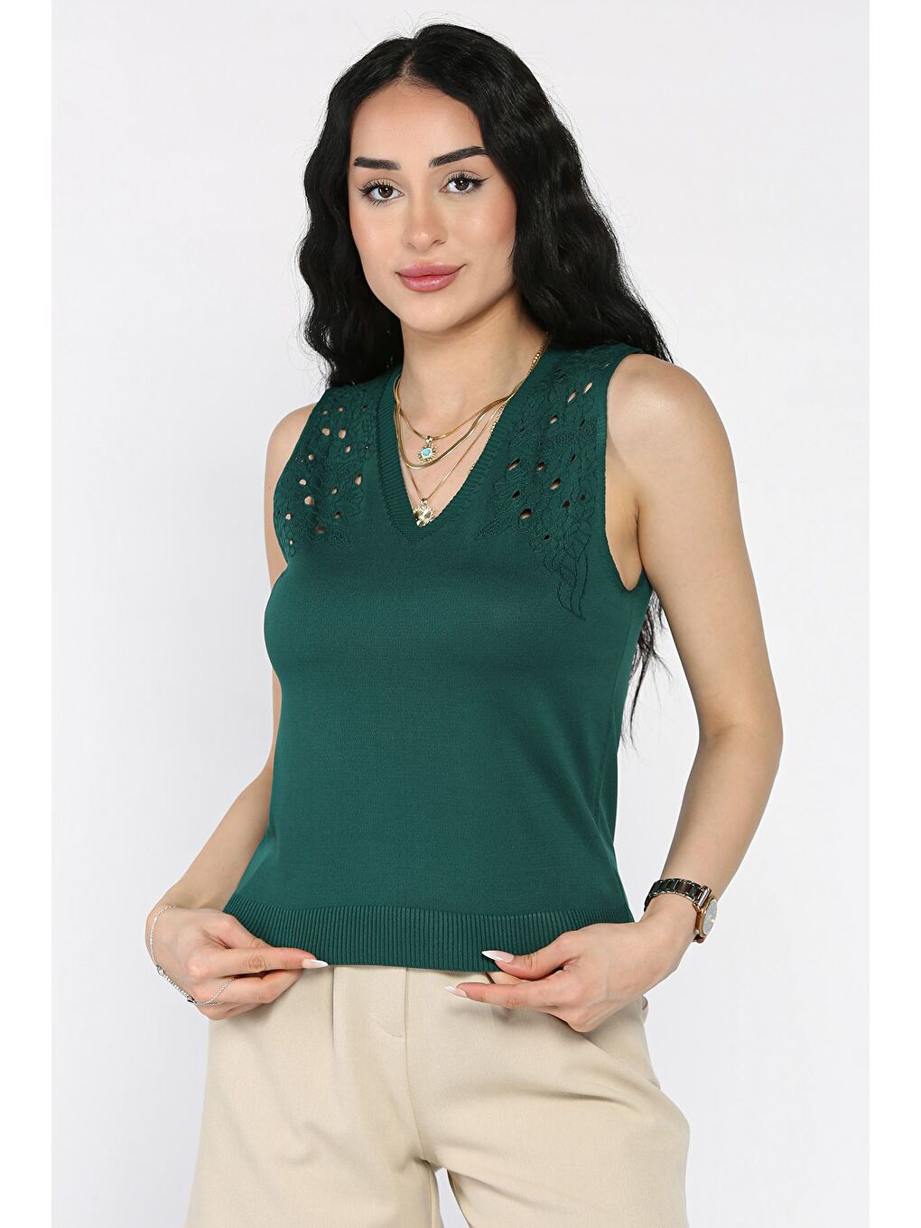 Yeşil Kadın V Yaka Sıfır Kol Triko Bluz