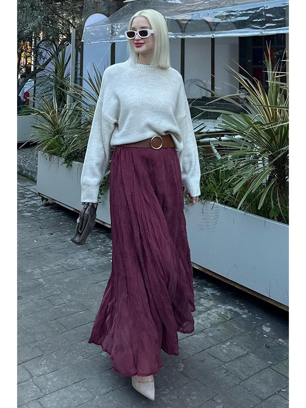 Bordo Kırışık Desen Midi Boy Kadın Etek Mg2266-4