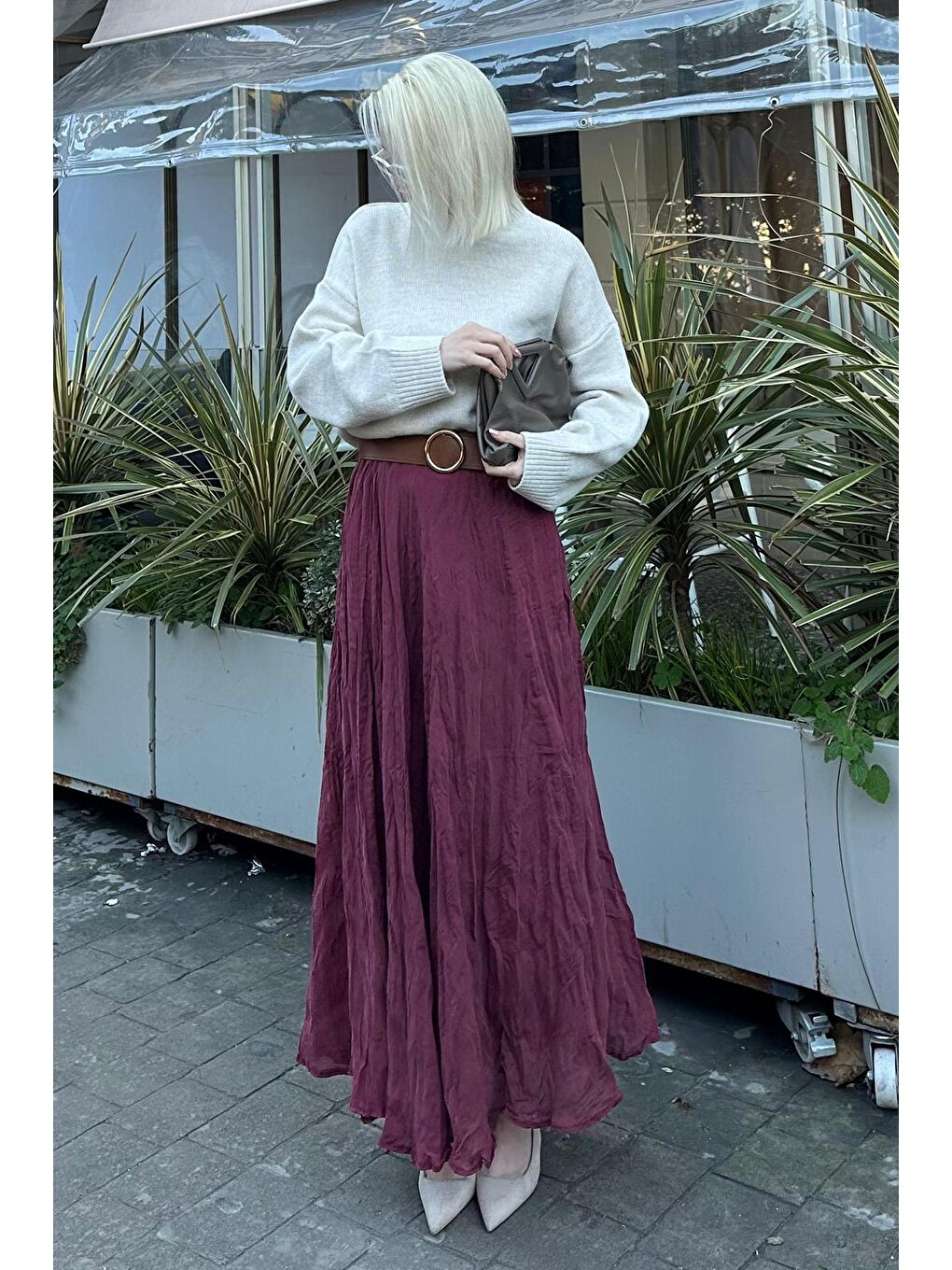 Bordo Kırışık Desen Midi Boy Kadın Etek Mg2266-5