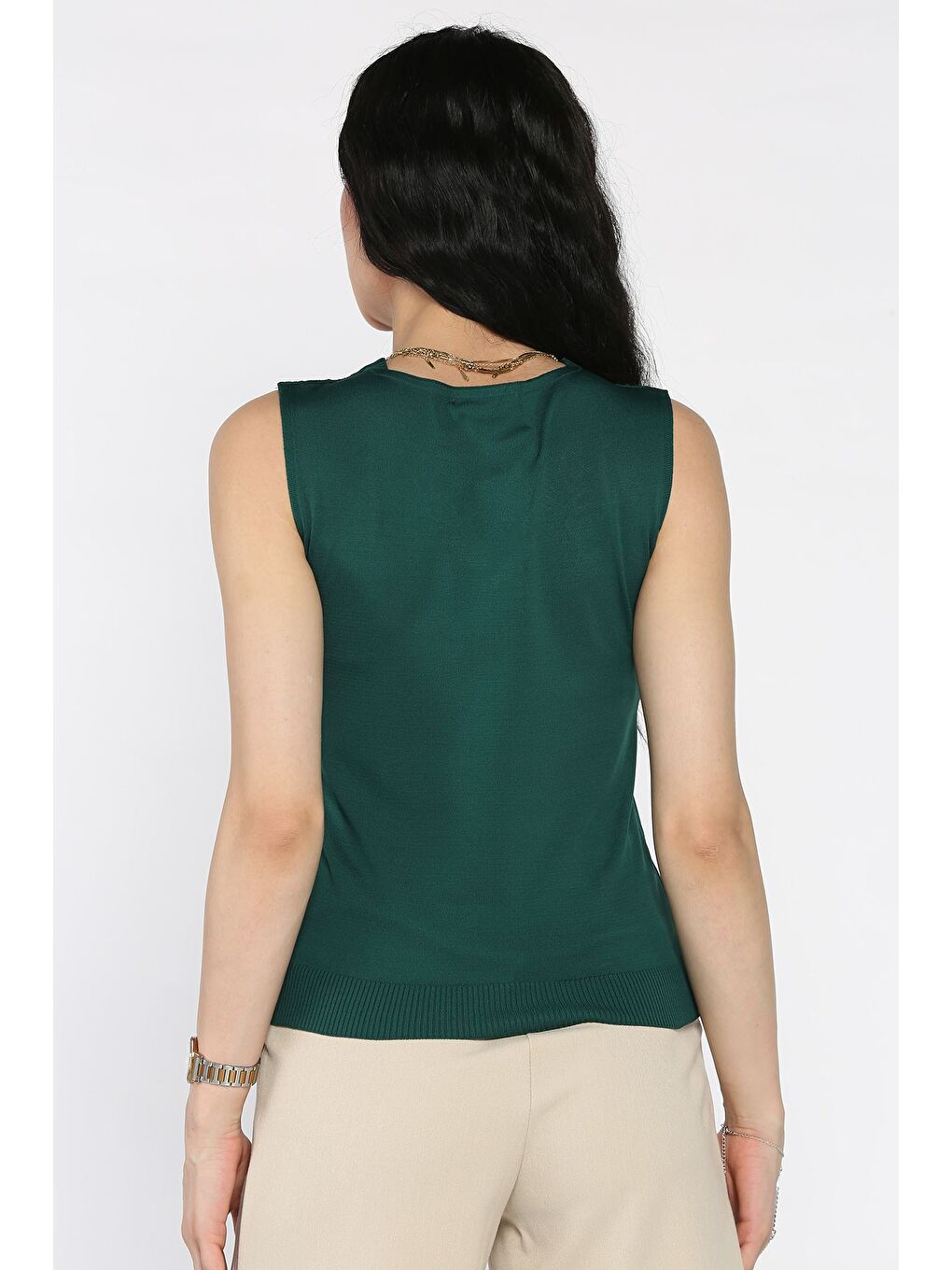 Yeşil Kadın V Yaka Sıfır Kol Triko Bluz-2