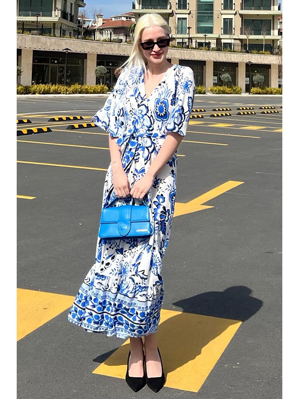 Mavi Kruvaze Yaka Desenli Kadın Elbise Mg2474-2