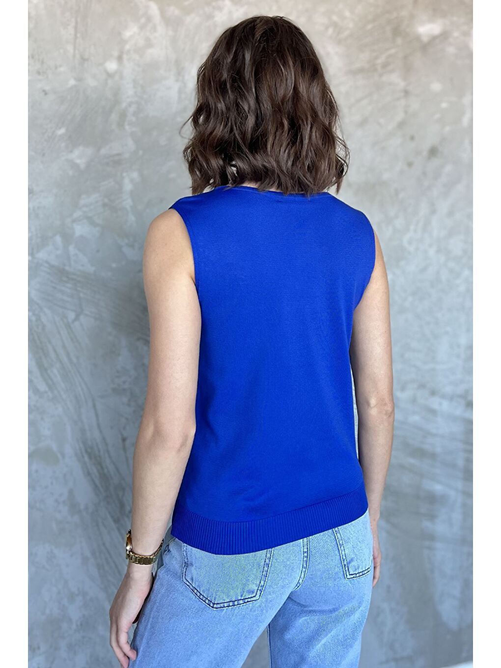 Mavi Kadın V Yaka Sıfır Kol Triko Bluz-2