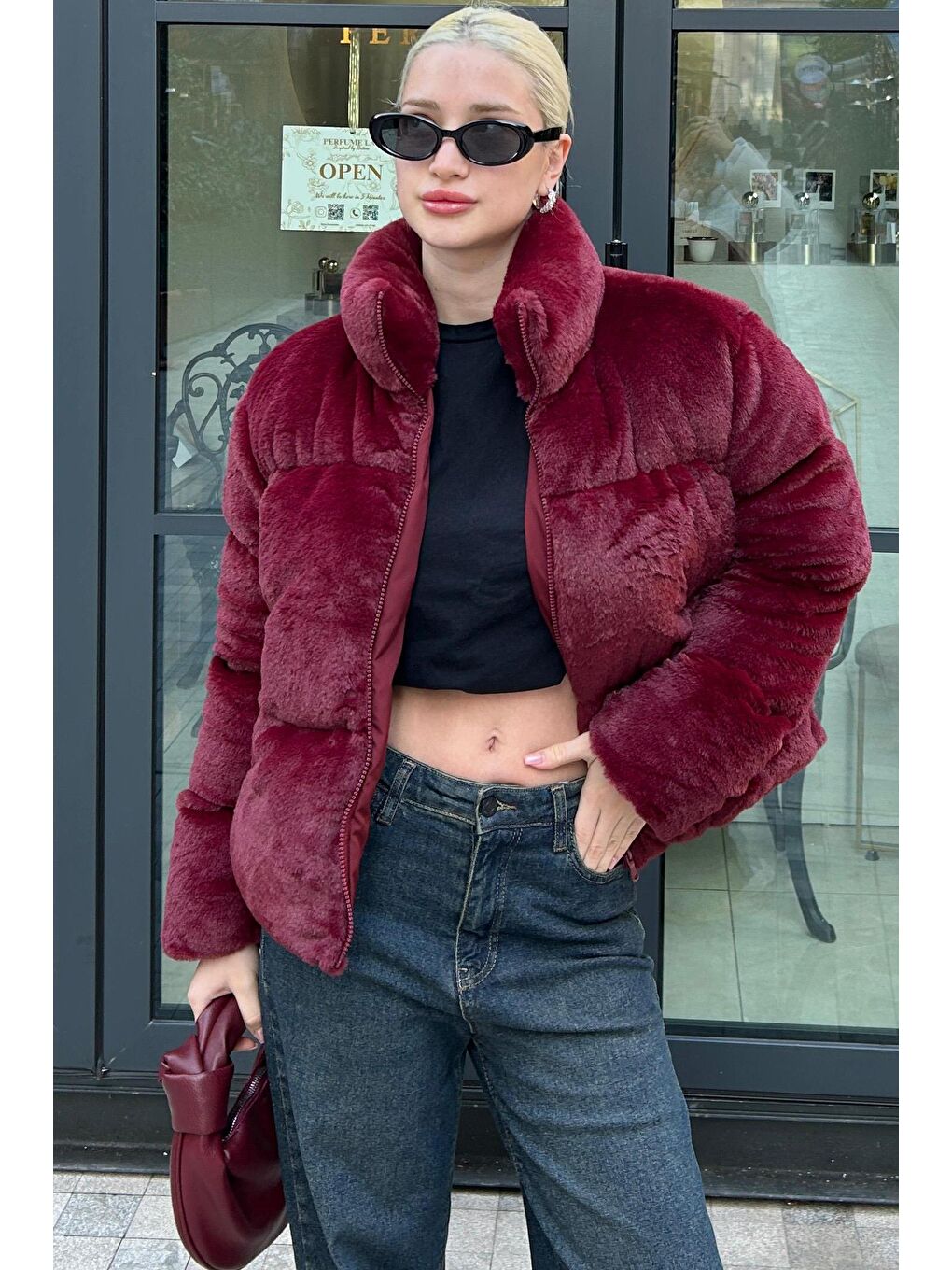 Bordo Dik Yaka Kadın Kürklü Mont Mg2259