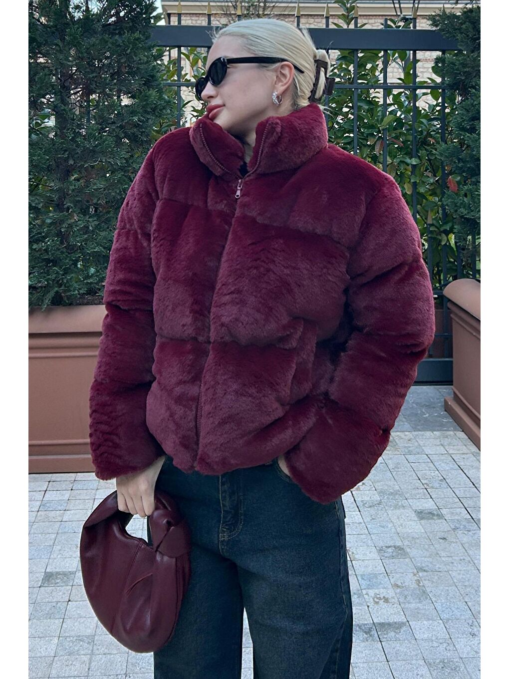 Bordo Dik Yaka Kadın Kürklü Mont Mg2259-1