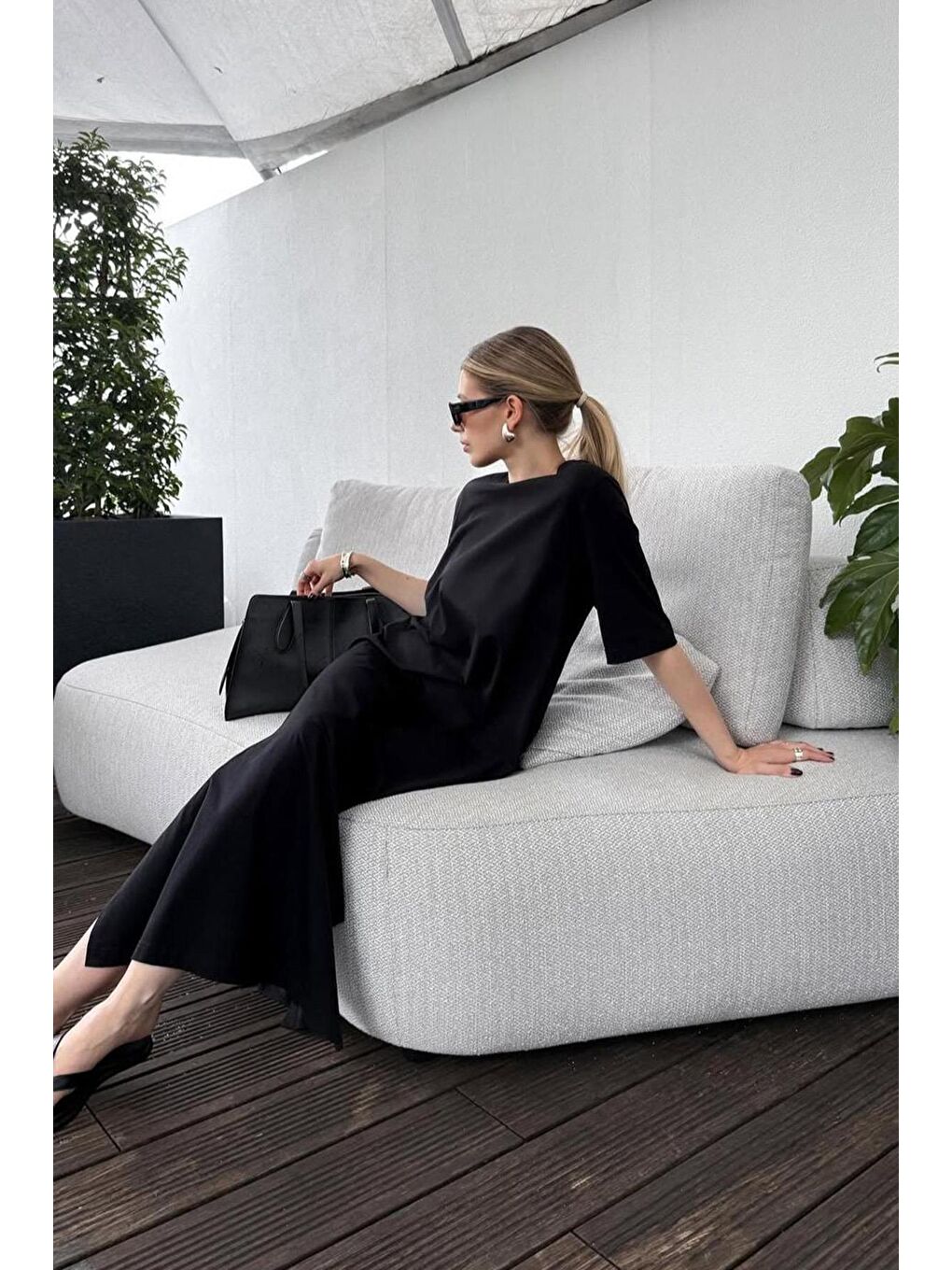 Siyah Basic Yırtmaçlı Kadın Elbise Mg2523-3