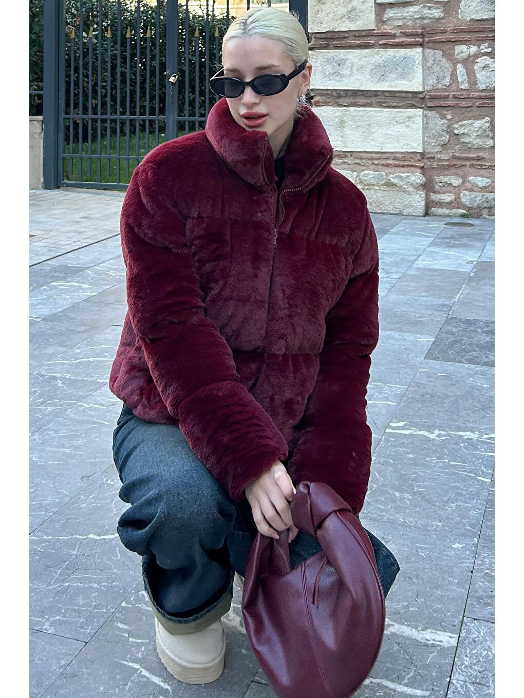 Bordo Dik Yaka Kadın Kürklü Mont Mg2259-2