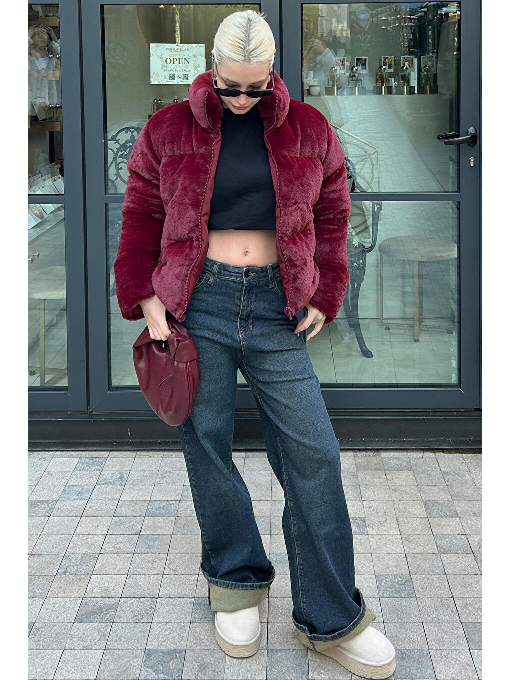 Bordo Dik Yaka Kadın Kürklü Mont Mg2259-3