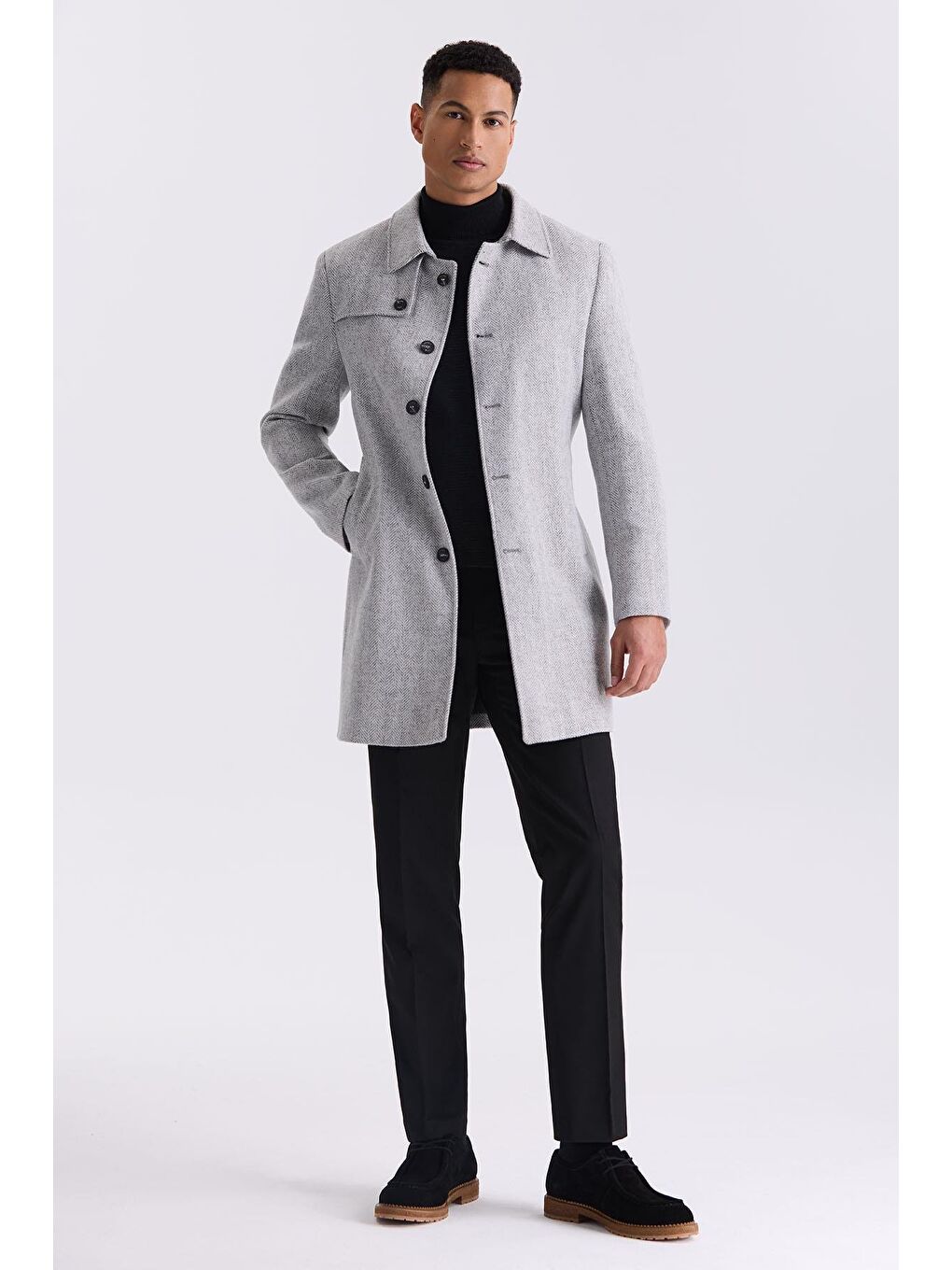 Gri Comfort Fit Berberi Yaka Balık Sırtı Desenli Kemerli Yünlü Kaban-1