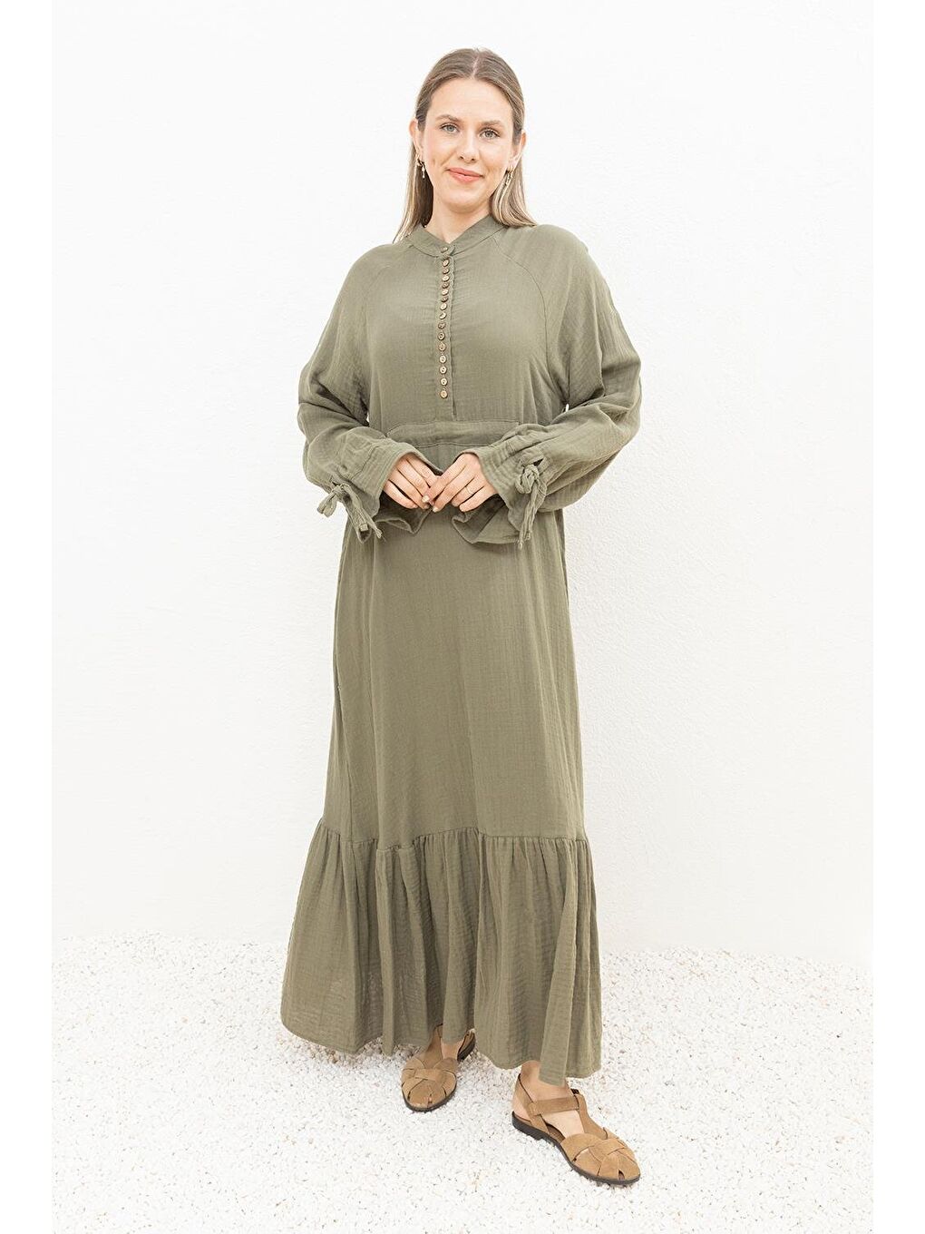 Haki-Beli Bağlamalı Biritli Elbise