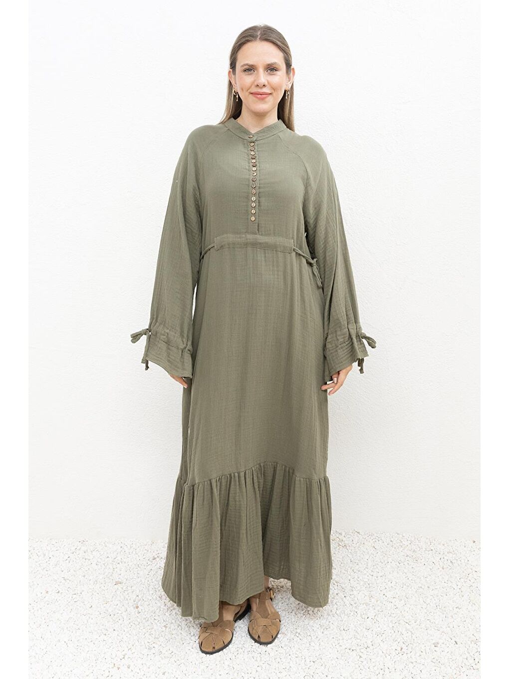 Haki-Beli Bağlamalı Biritli Elbise-1