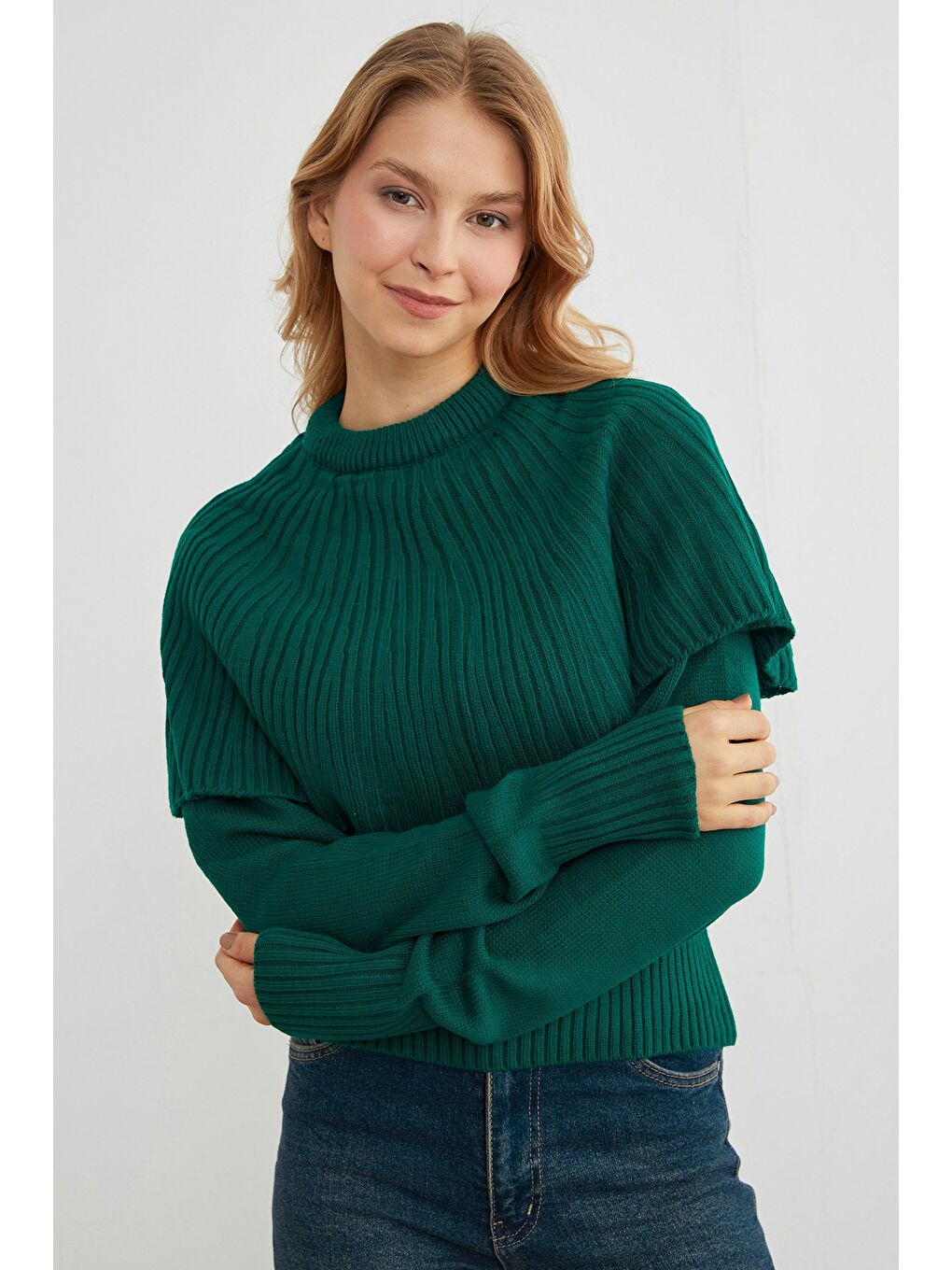 Yeşil Pelerin Detaylı Triko Kazak-3