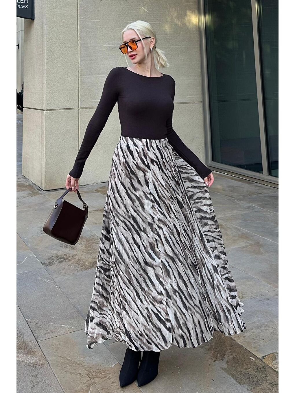 Gri Zebra Desen Kadın Midi Etek Mg2265