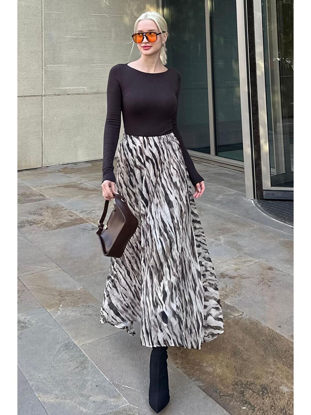 Gri Zebra Desen Kadın Midi Etek Mg2265-1