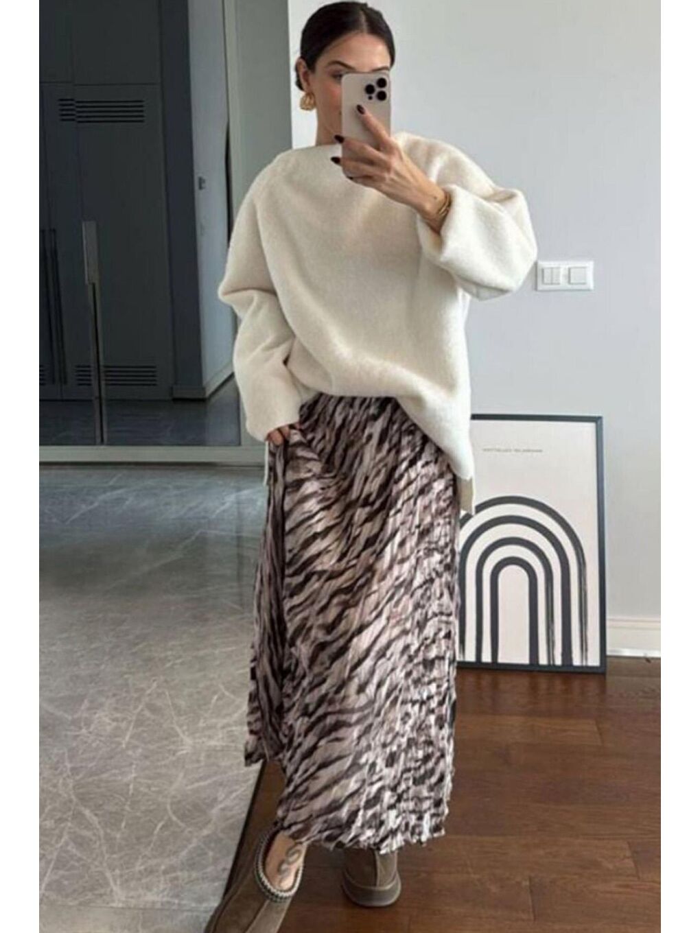 Gri Zebra Desen Kadın Midi Etek Mg2265-2