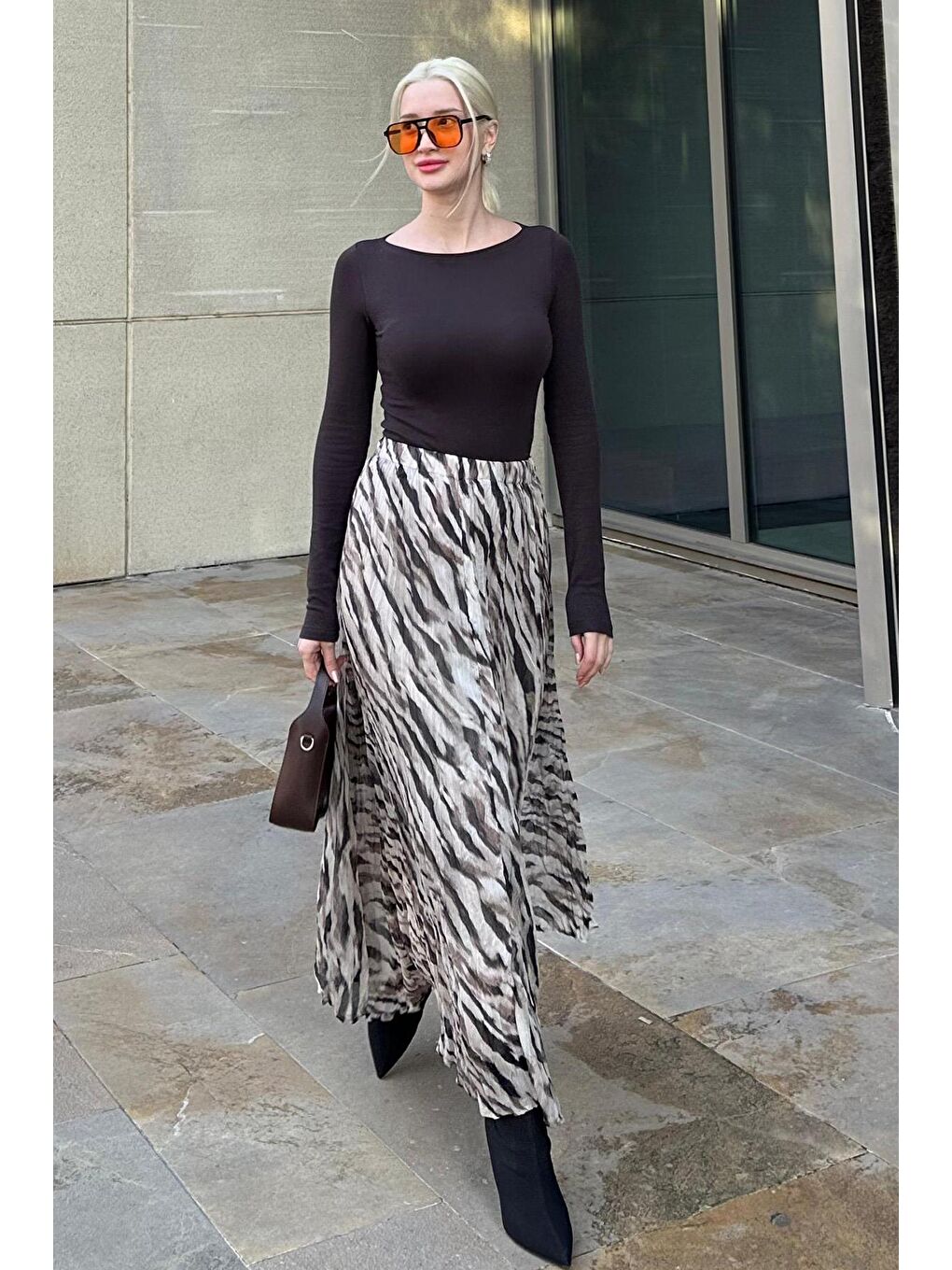 Gri Zebra Desen Kadın Midi Etek Mg2265-3