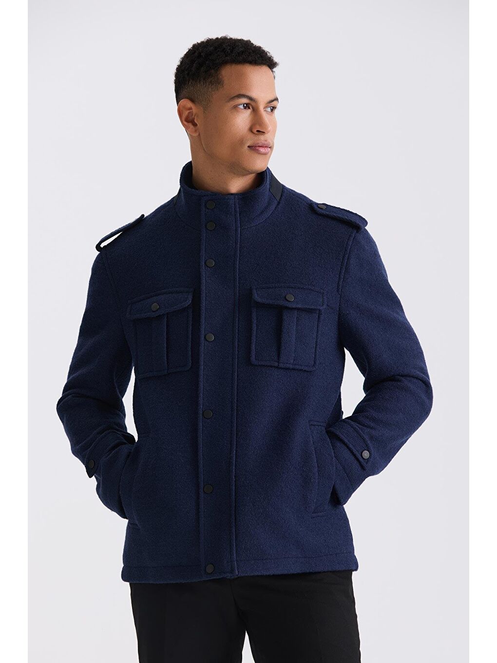 Lacivert Slim Fit Hakim Yaka Apoletli Desenli Spor Kaşe Kaban