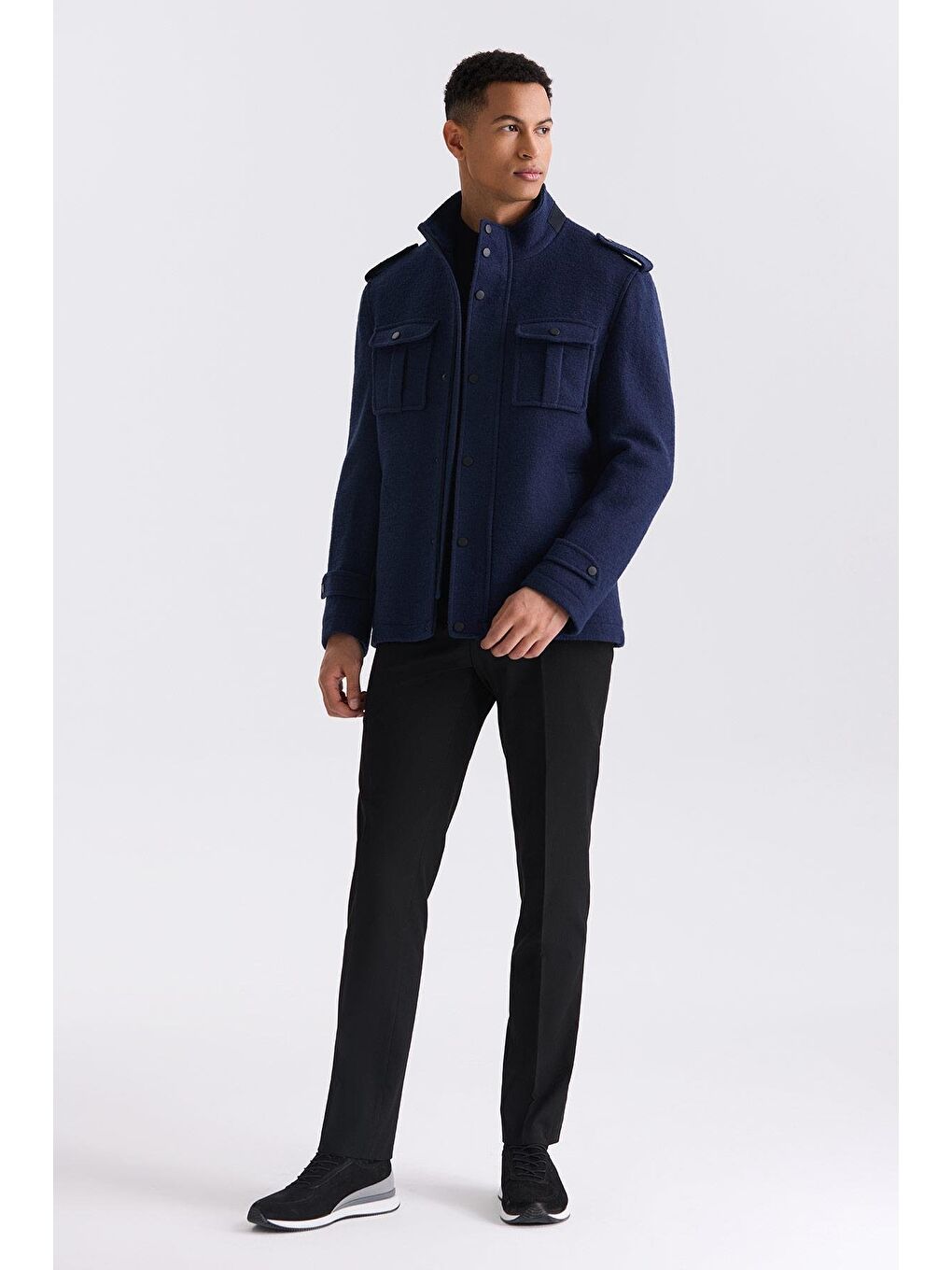 Lacivert Slim Fit Hakim Yaka Apoletli Desenli Spor Kaşe Kaban-1